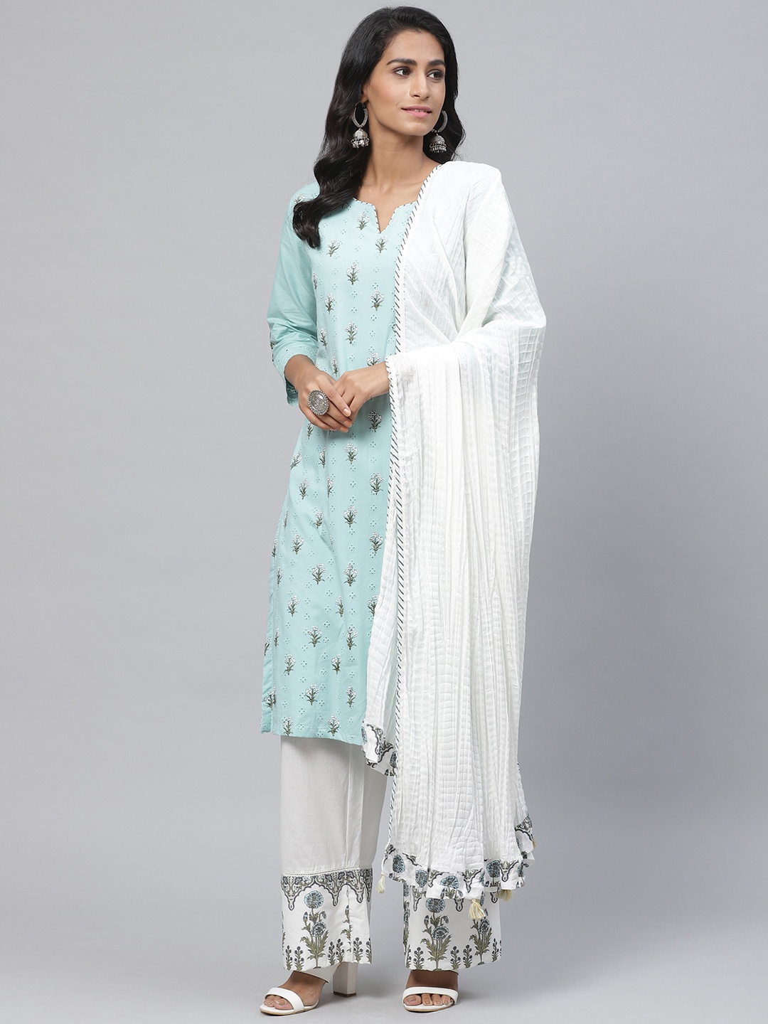

Biba Women Blue & White Schiffli Embroidered Kurta with Palazzos & Dupatta
