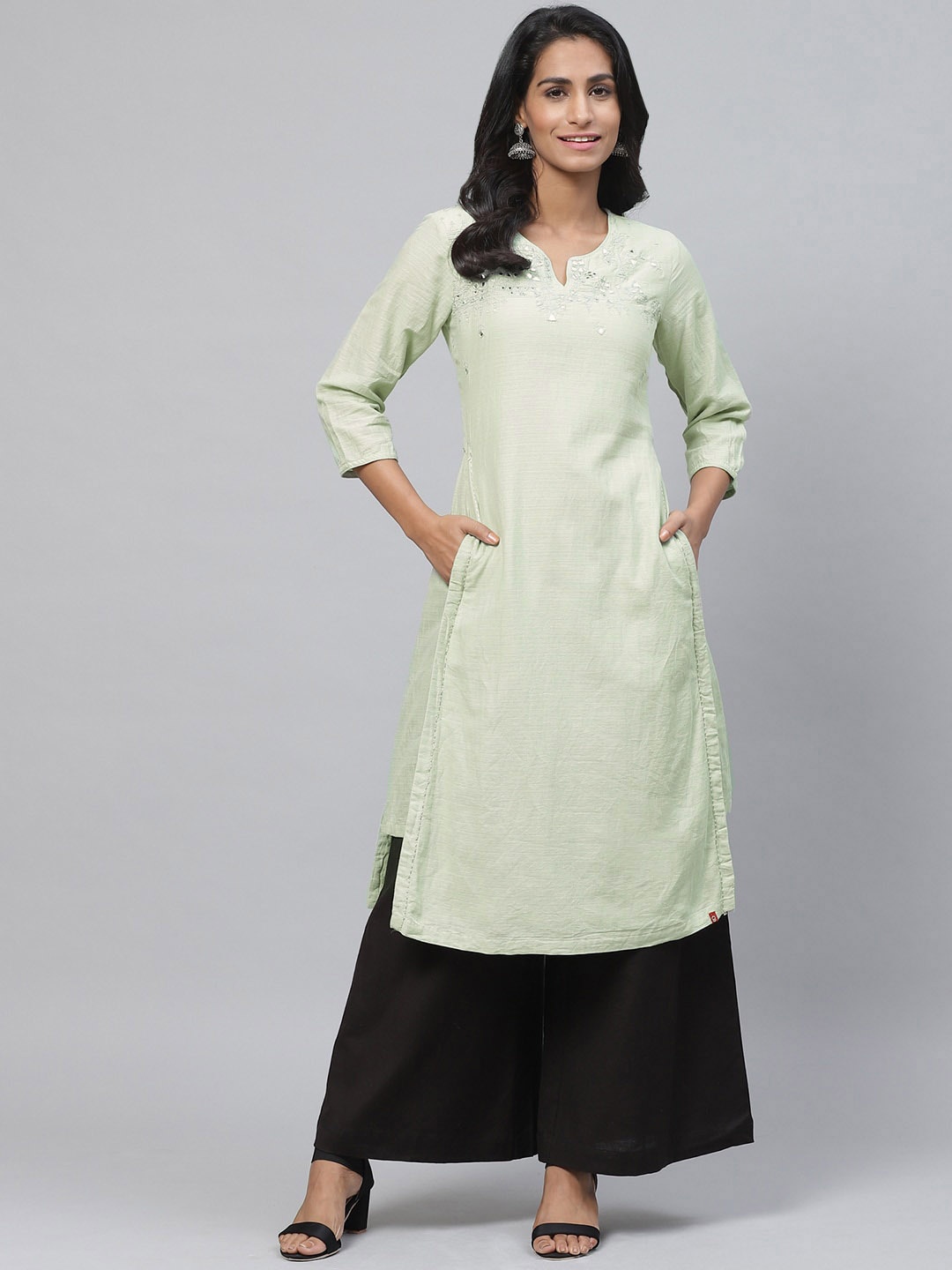 

Biba Women Sea Green Yoke Design Straight Kurta