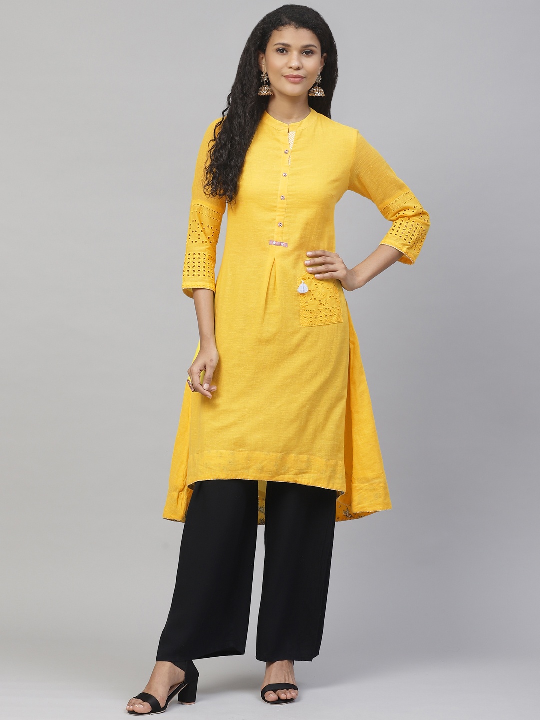 

Biba Women Yellow Solid A-Line Kurta