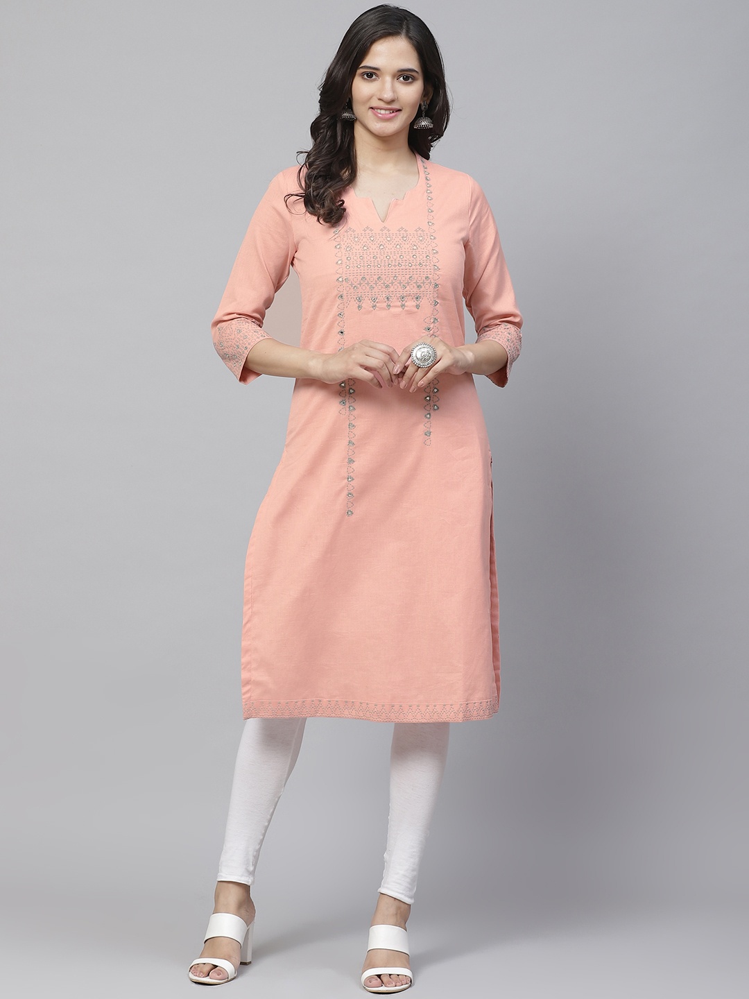 

Biba Women Peach-Coloured & Grey Yoke Design Mirror Work Straight Kurta