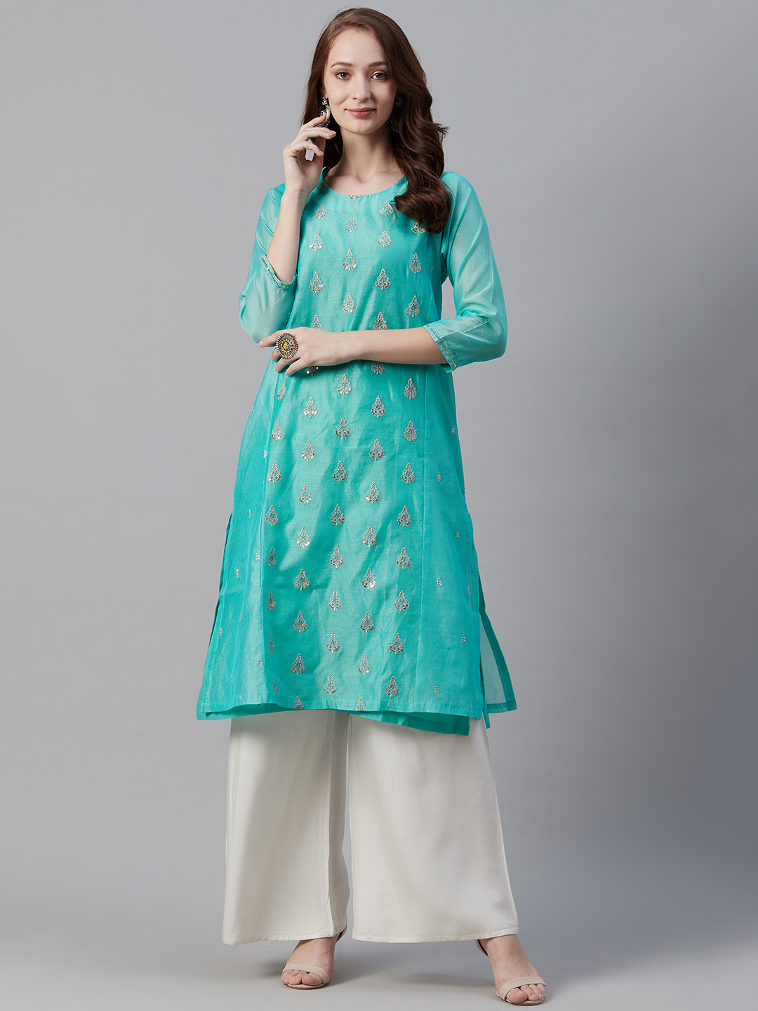 

Biba Women Blue & Silver Ethnic Embroidered Straight Kurta