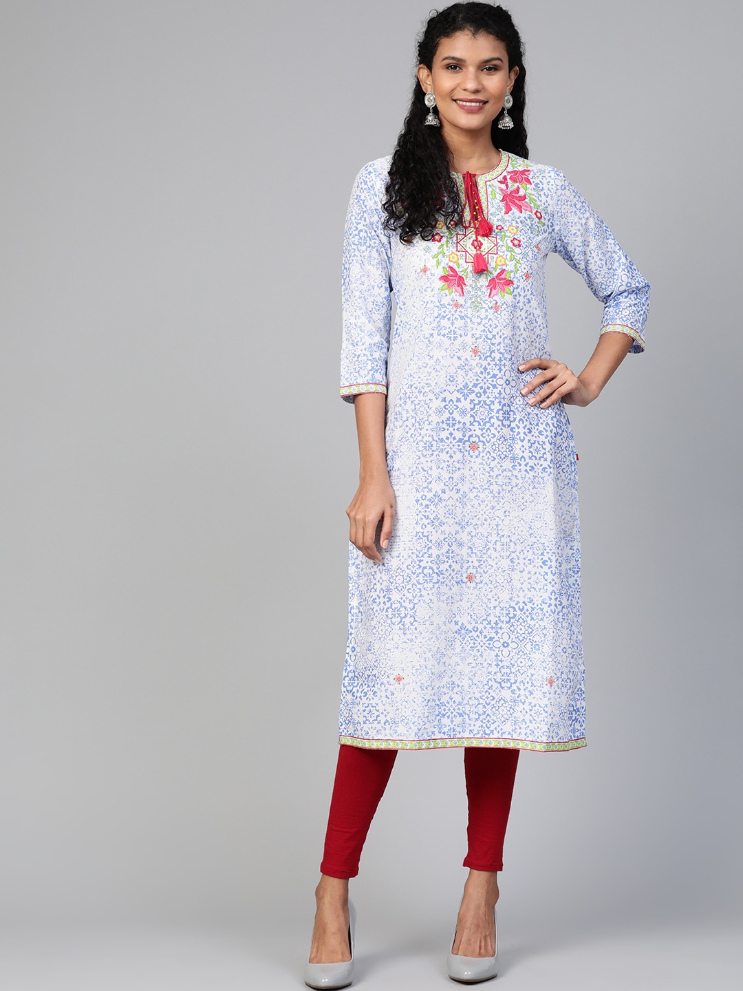 

Biba Women Blue & White Printed Straight Kurta