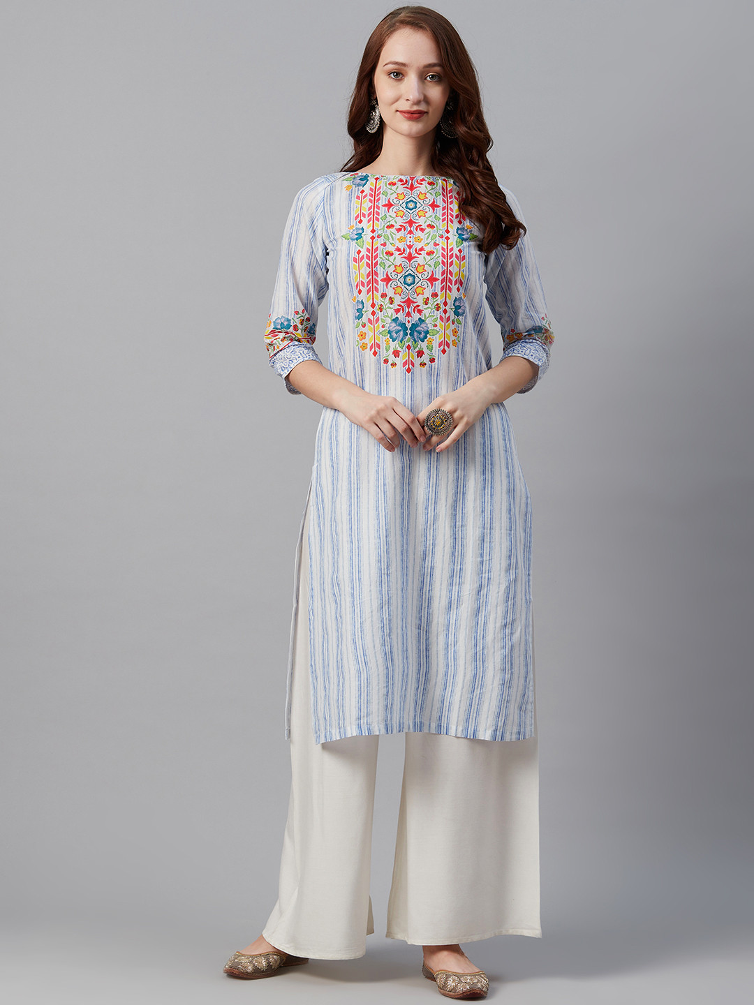 

Biba Women White & Blue Ethnic Print Detailed Striped Straight Kurta