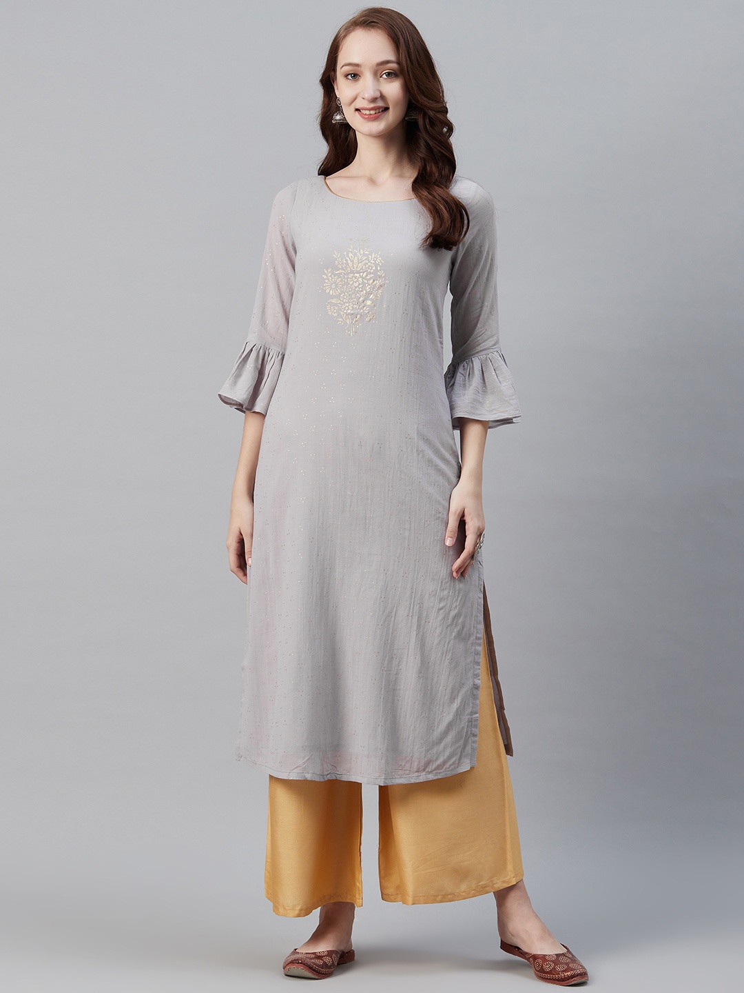 

Biba Women Grey & Golden Floral Printed Straight Kurta
