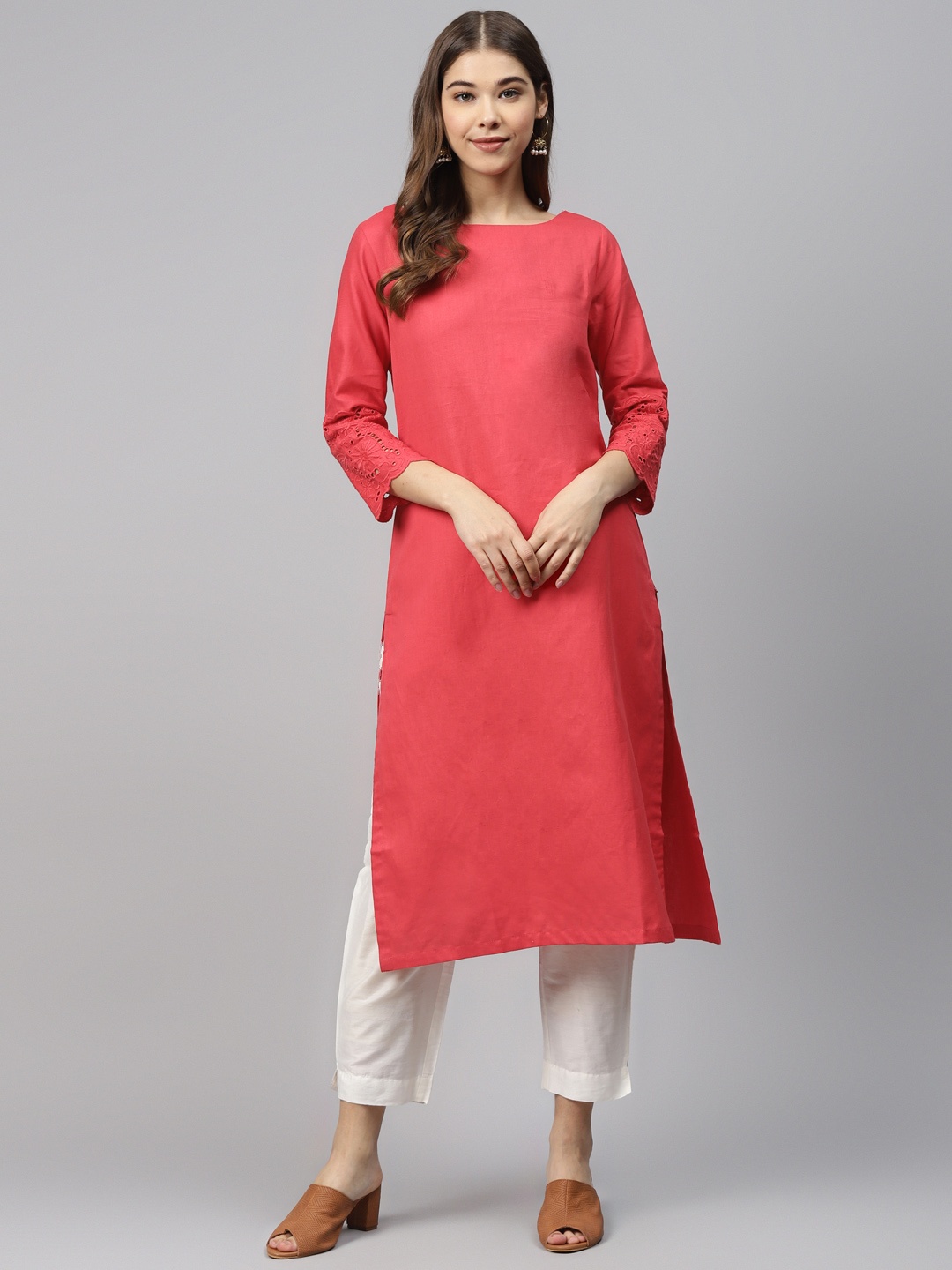 

Biba Women Coral Red Solid Straight Kurta