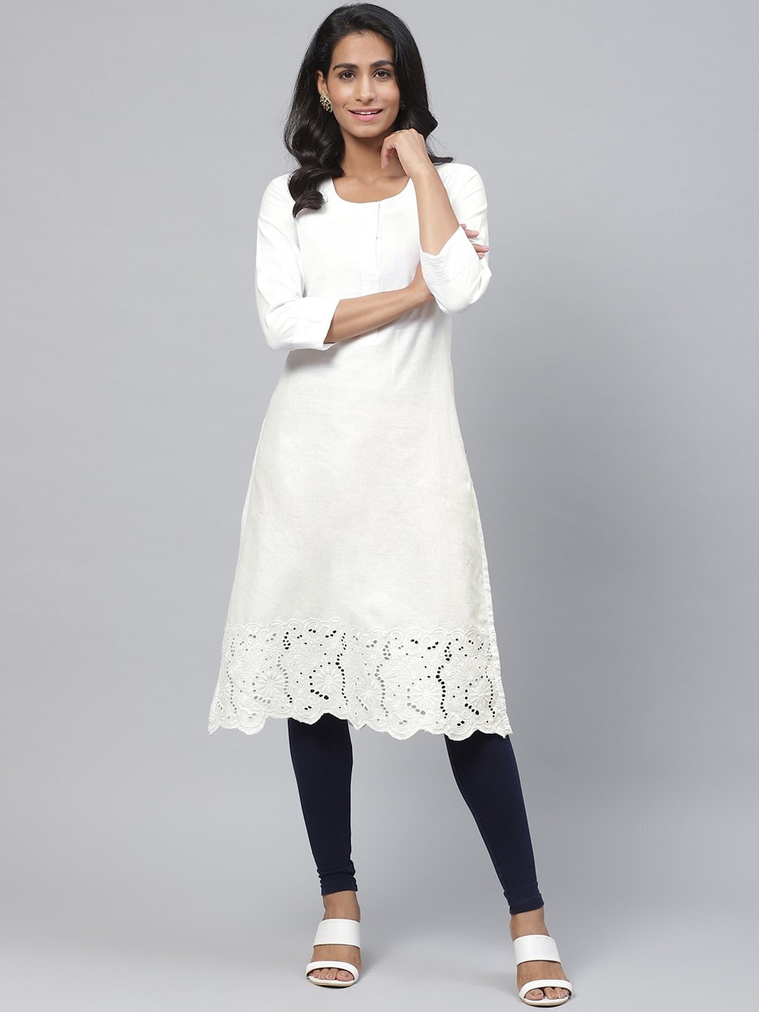 

Biba Women White Solid Schiffli Straight Kurta