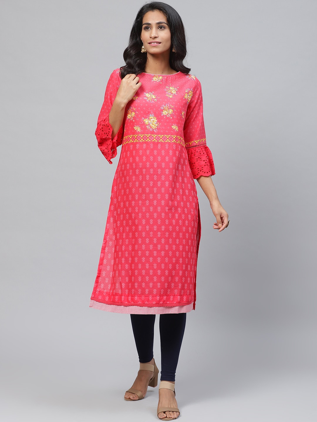 

Biba Women Pink & Yellow Floral Detail Ethnic Printed Straight Kurta