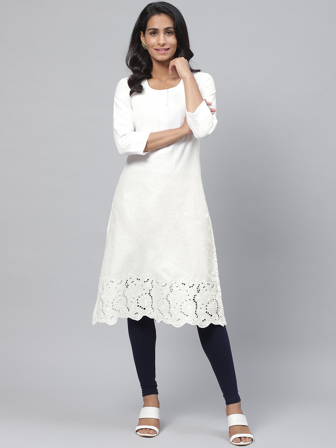 

Biba Women White Solid Schiffli Straight Kurta