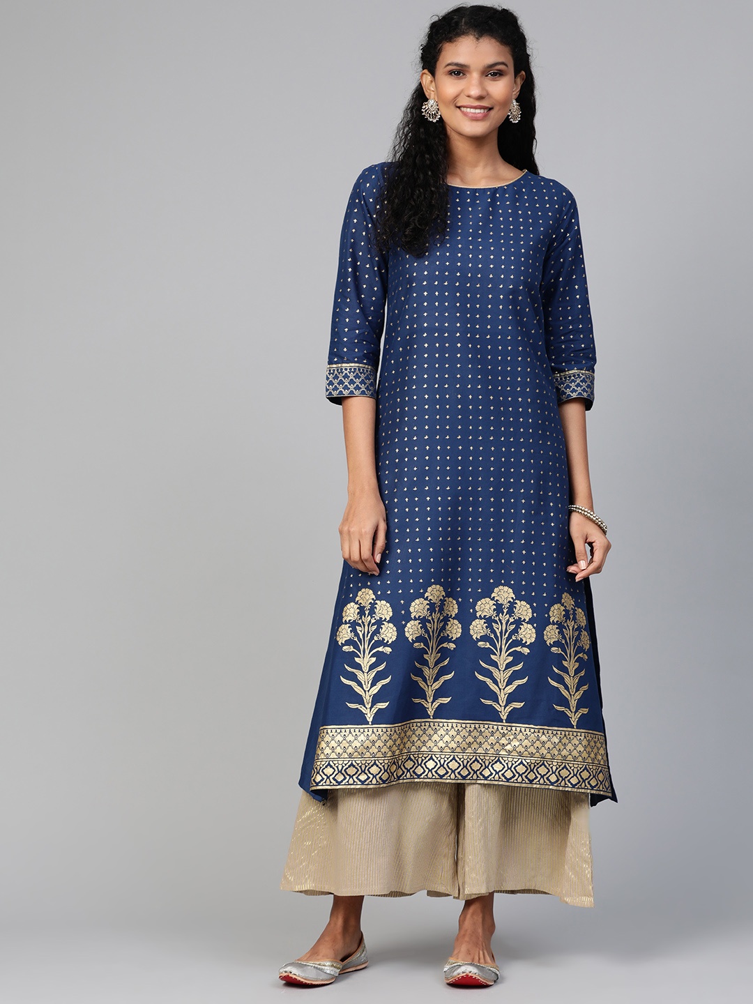 

Biba Women Navy Blue & Golden Ethnic Printed A-Line Kurta