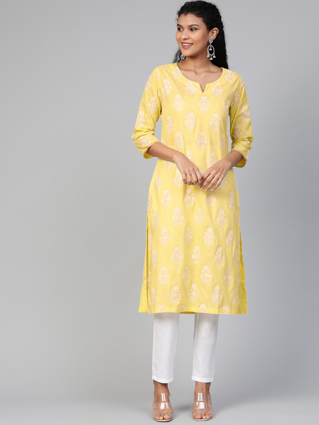 

Biba Women Yellow & Off-White Ethnic Printed Straight Kurta