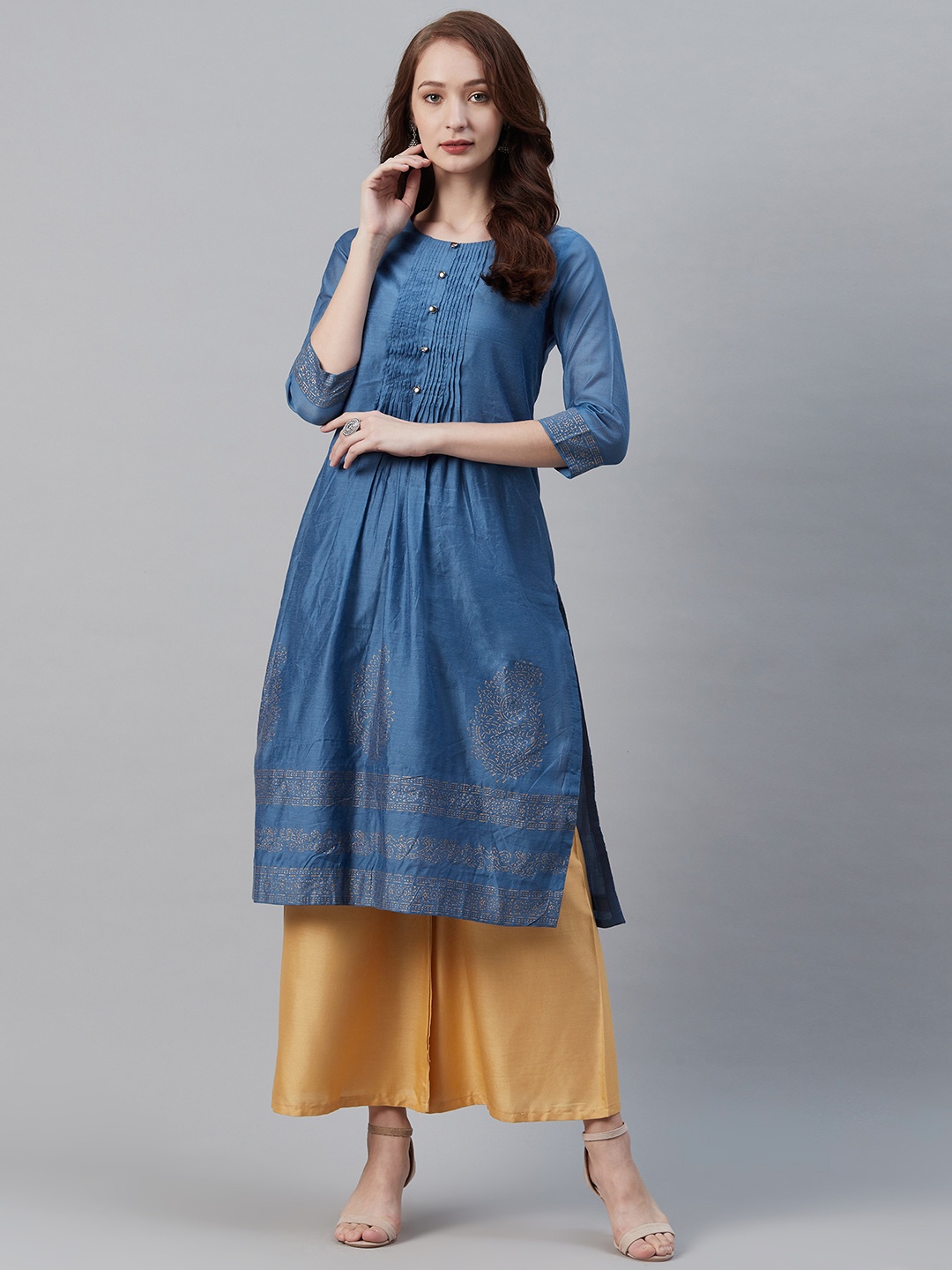 

Biba Women Blue & Golden Ethnic Printed Straight Kurta