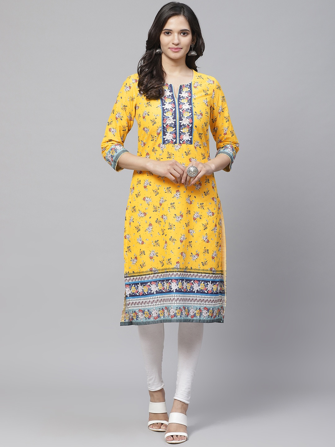 

Biba Women Yellow & Blue Printed Straight Kurta