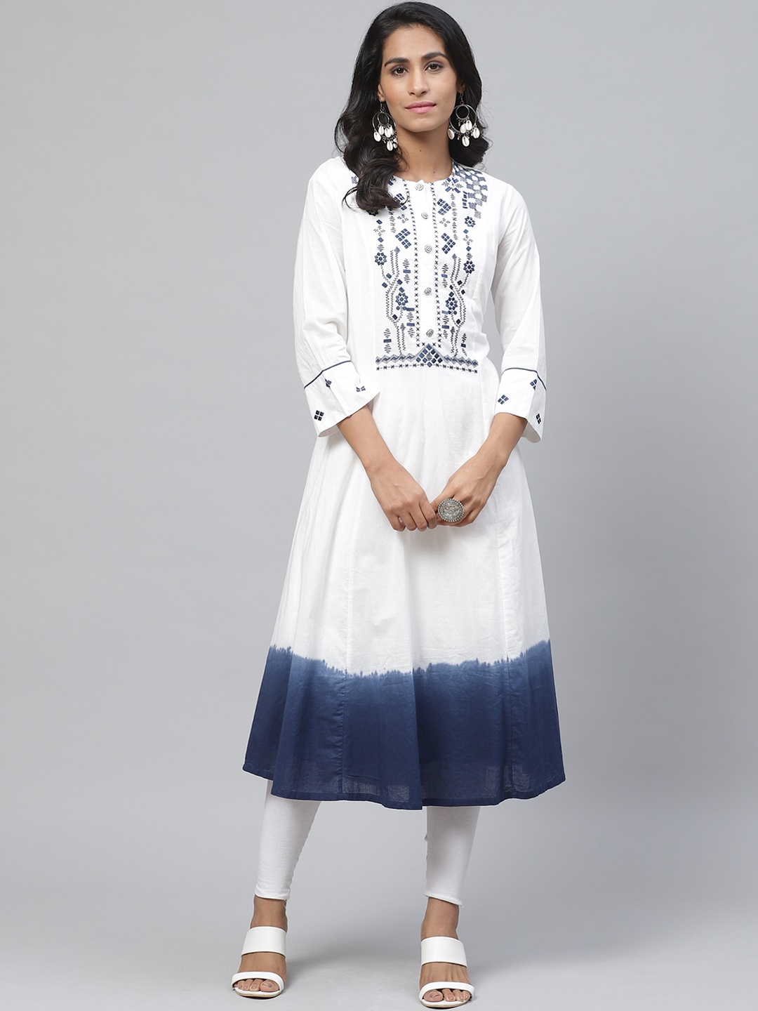 

Biba Women White & Navy Blue Yoke Design Dyed A-Line Kurta