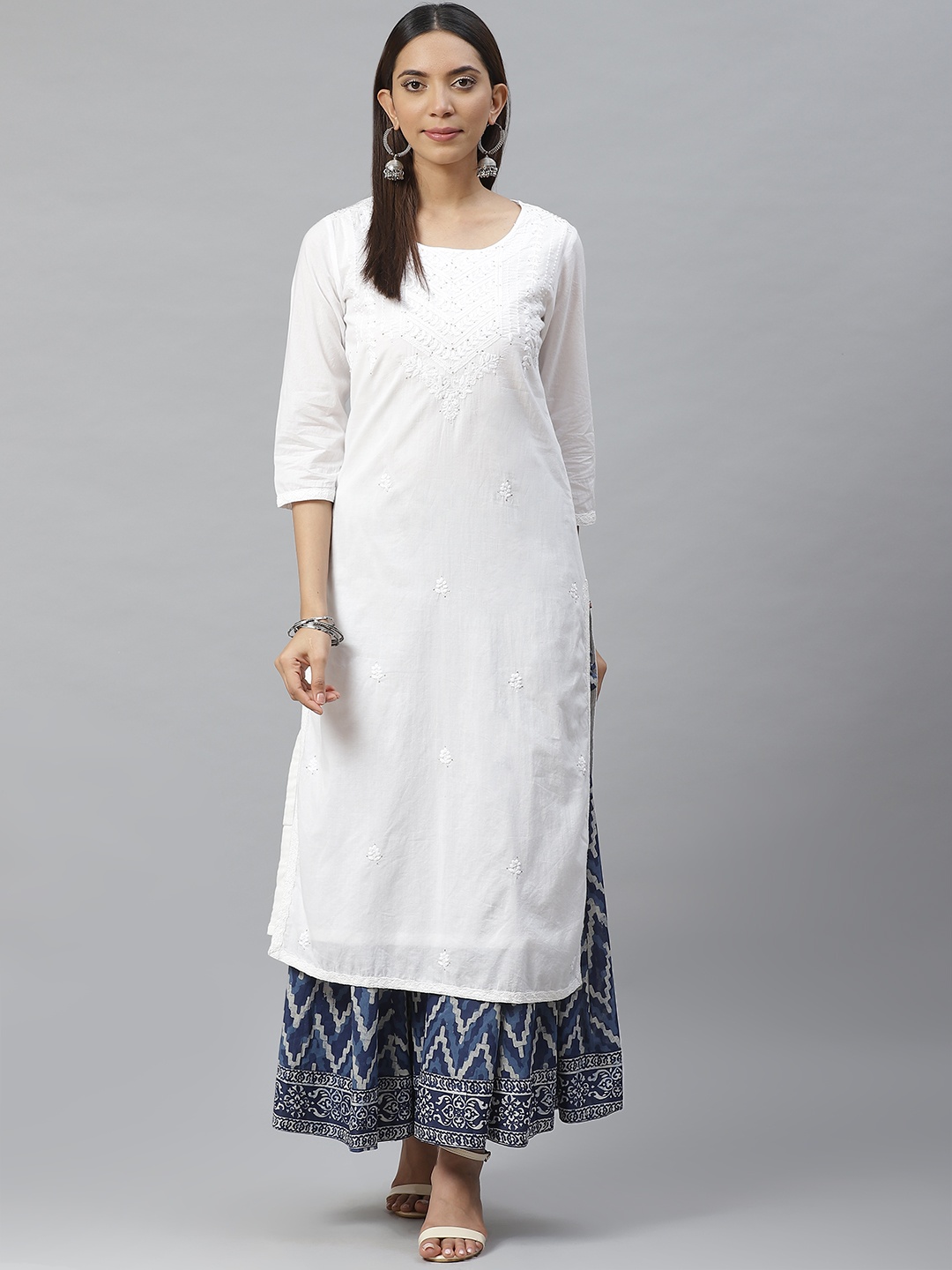 

Biba Women White Yoke Design Straight Layered Kurta