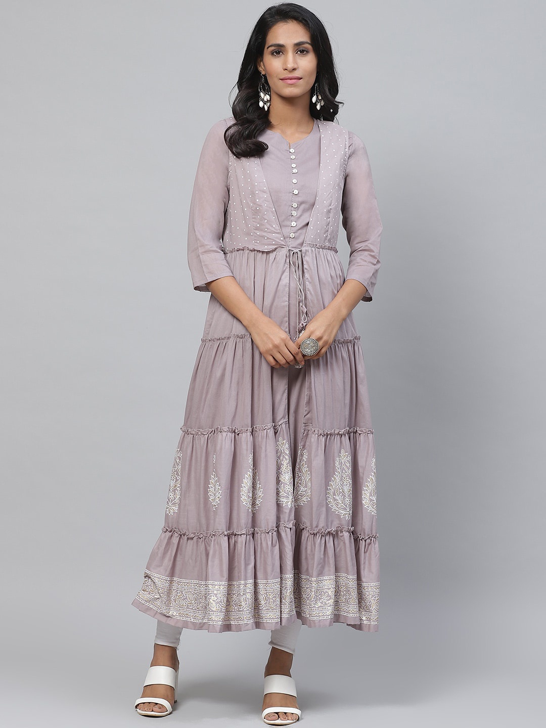

Biba Women Grey & Off-White Printed Layered Tiered Anarkali Kurta
