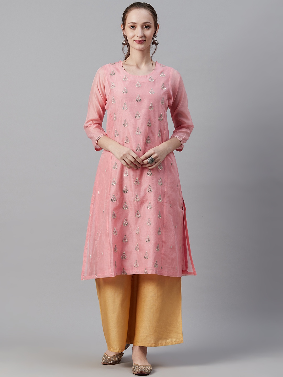 

Biba Women Pink & Silver Ethnic Embroidered Straight Kurta
