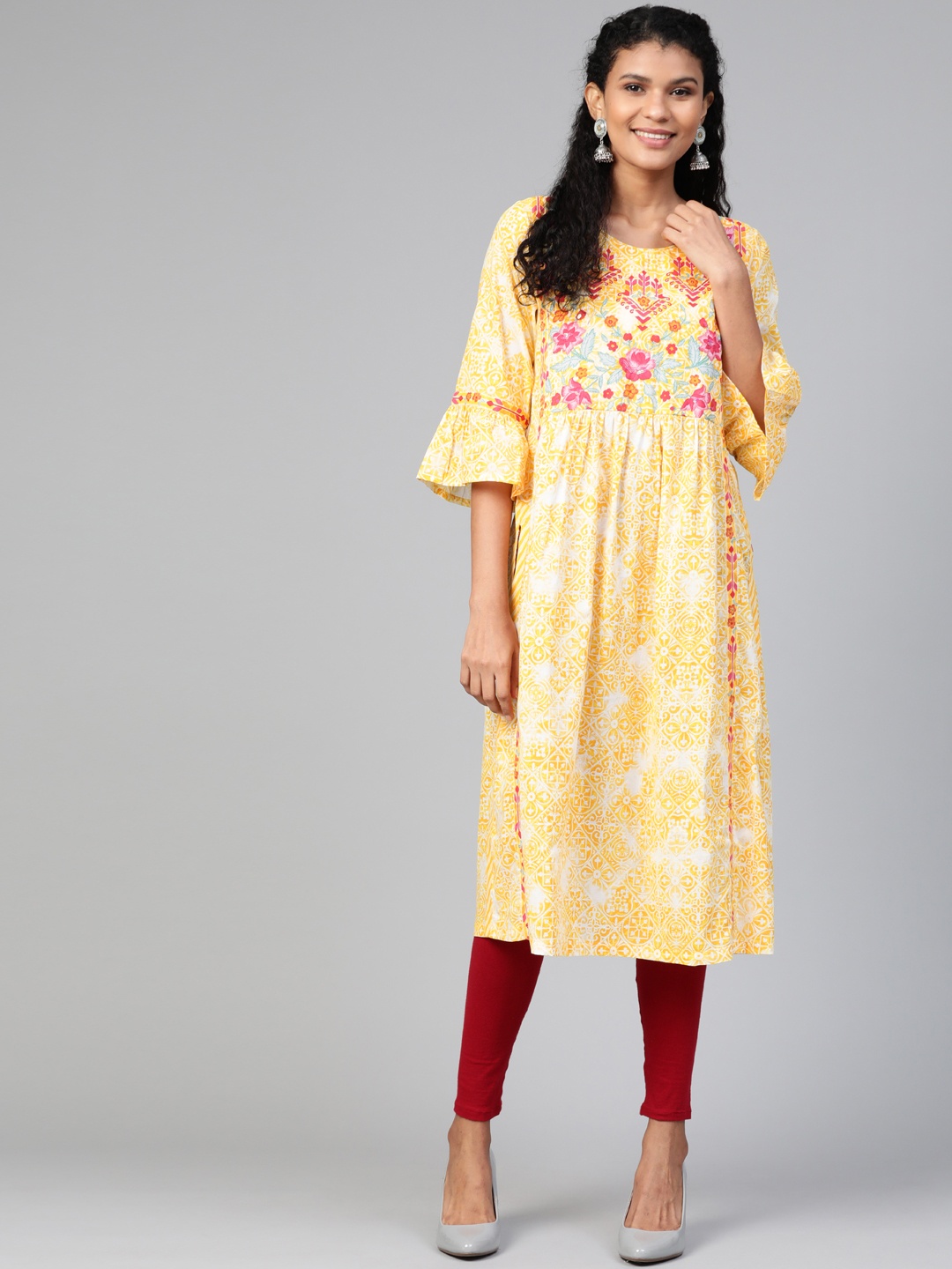 

Biba Women Yellow & Pink Floral Printed A-Line Kurta