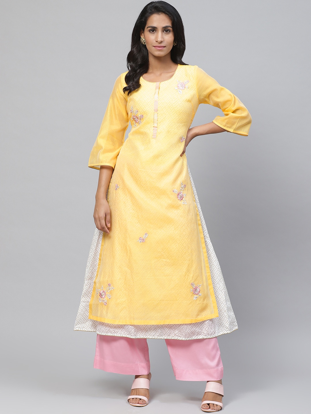 

Biba Women Yellow & Off-White Layered Embroidered A-Line Kurta