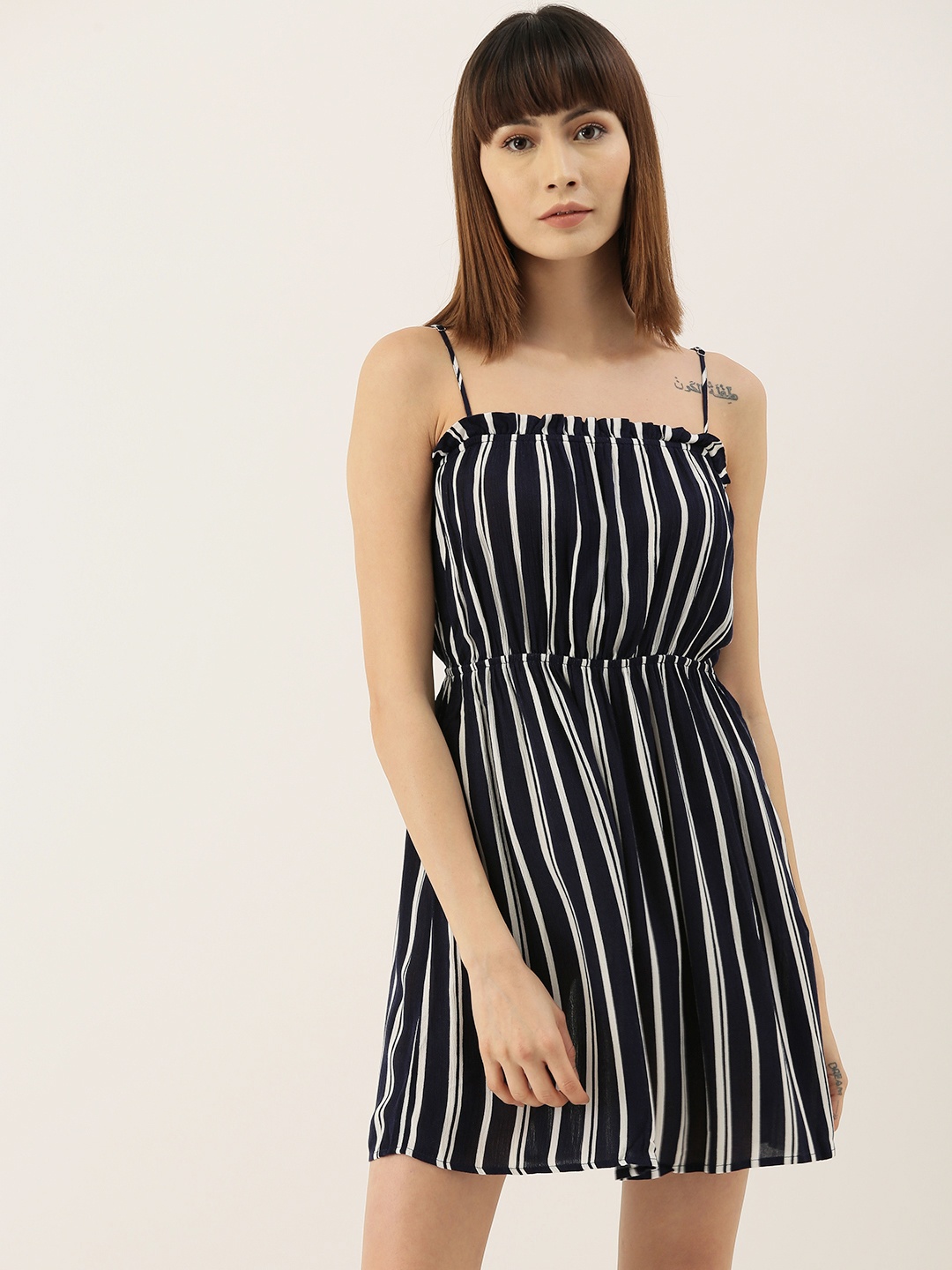 

FOREVER 21 Women Navy Blue & White Striped A-Line Dress