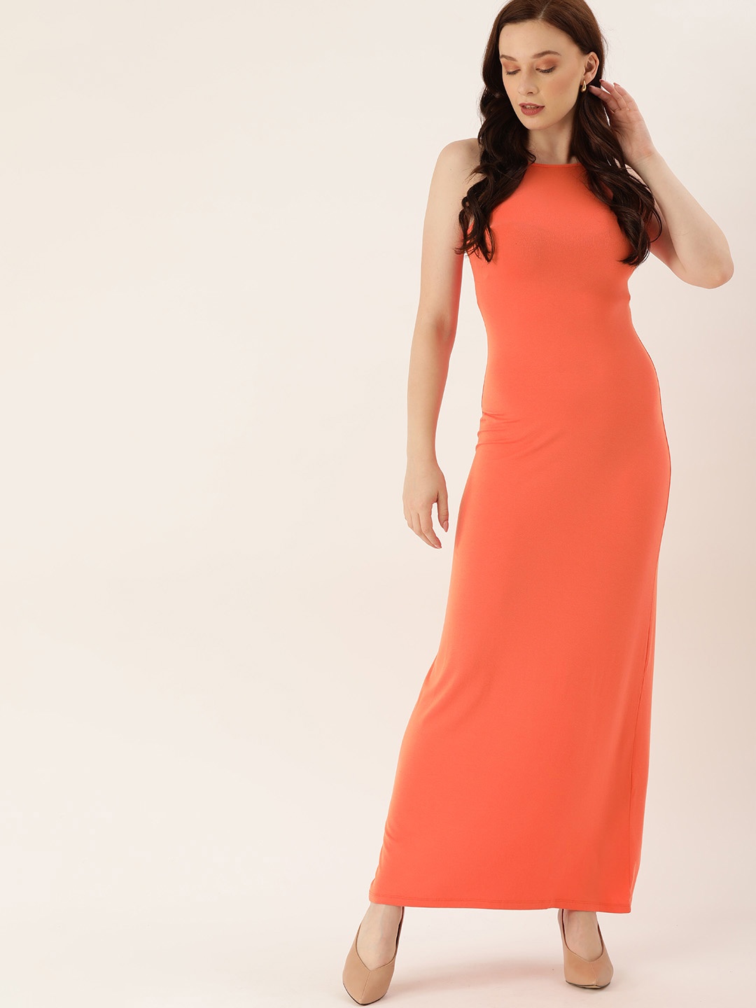

FOREVER 21 Women Coral Orange Solid Maxi Dress