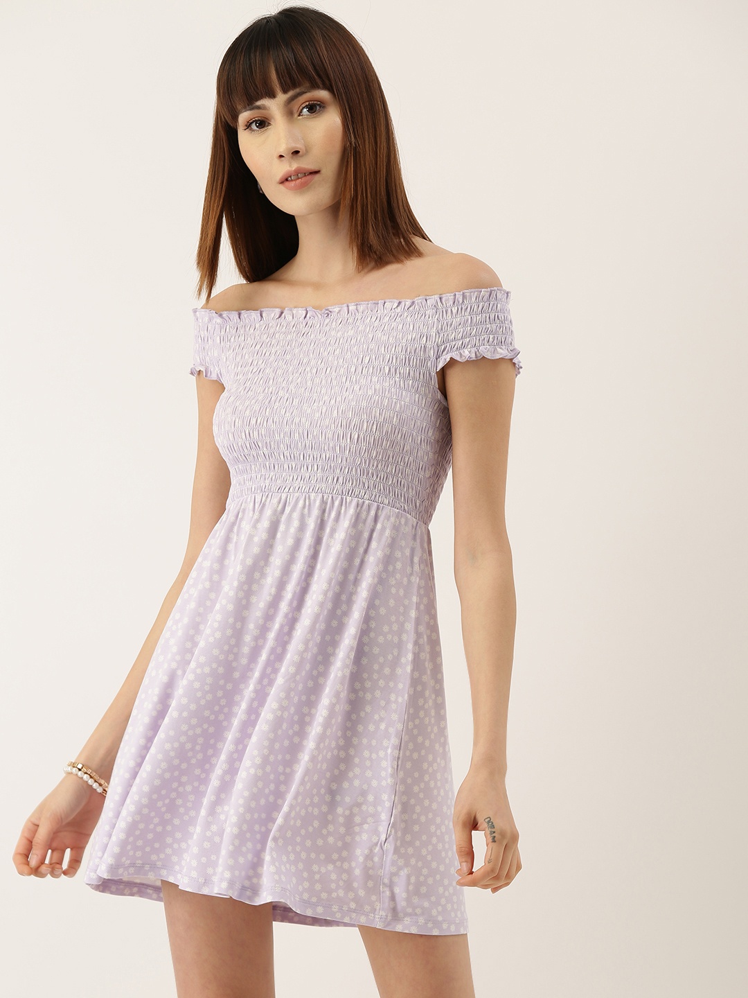 

FOREVER 21 Women Lavender & White Printed Fit and Flare Smocked Dress
