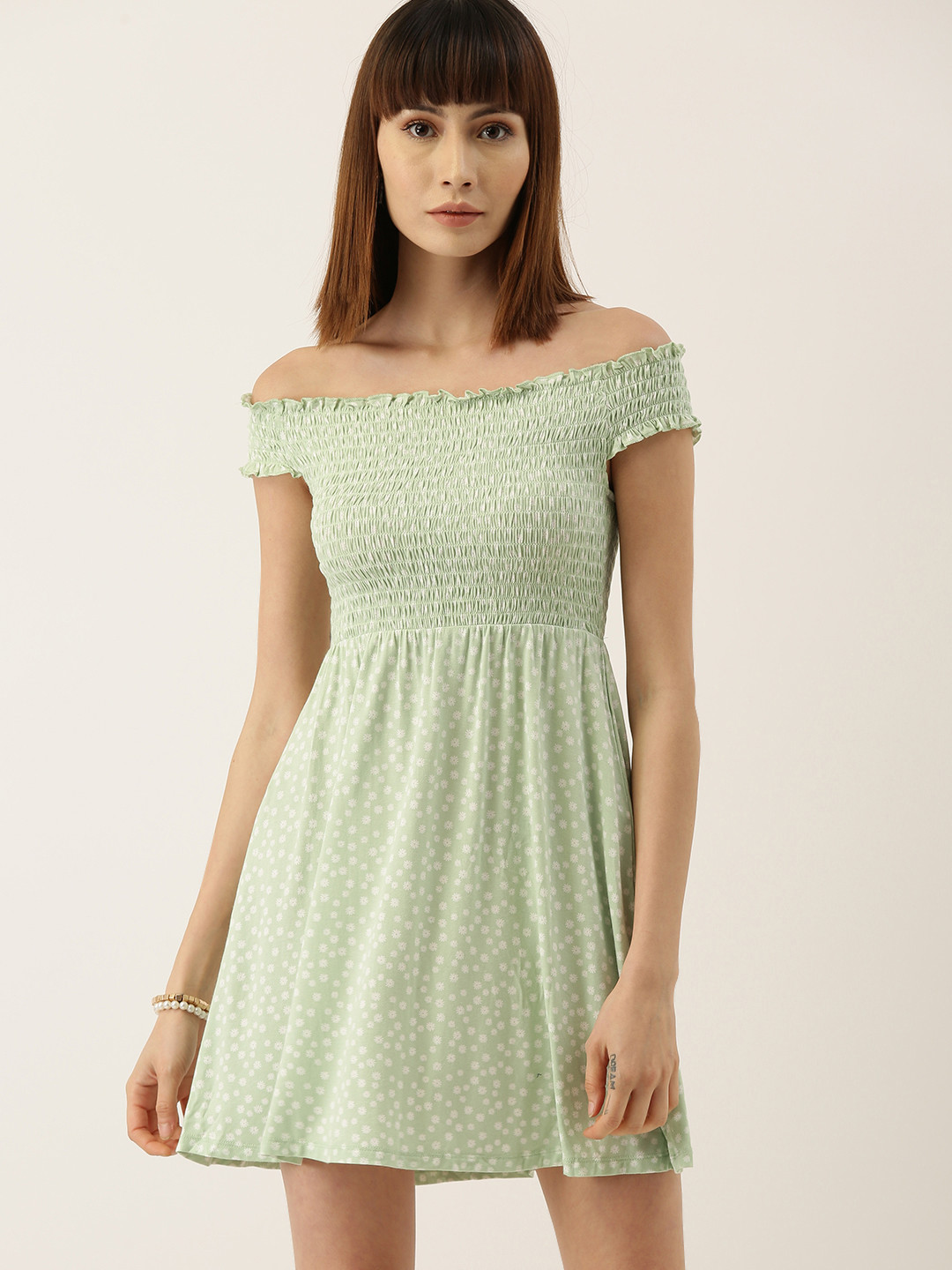 

FOREVER 21 Women Green & White Printed Fit and Flare Smocked Dress