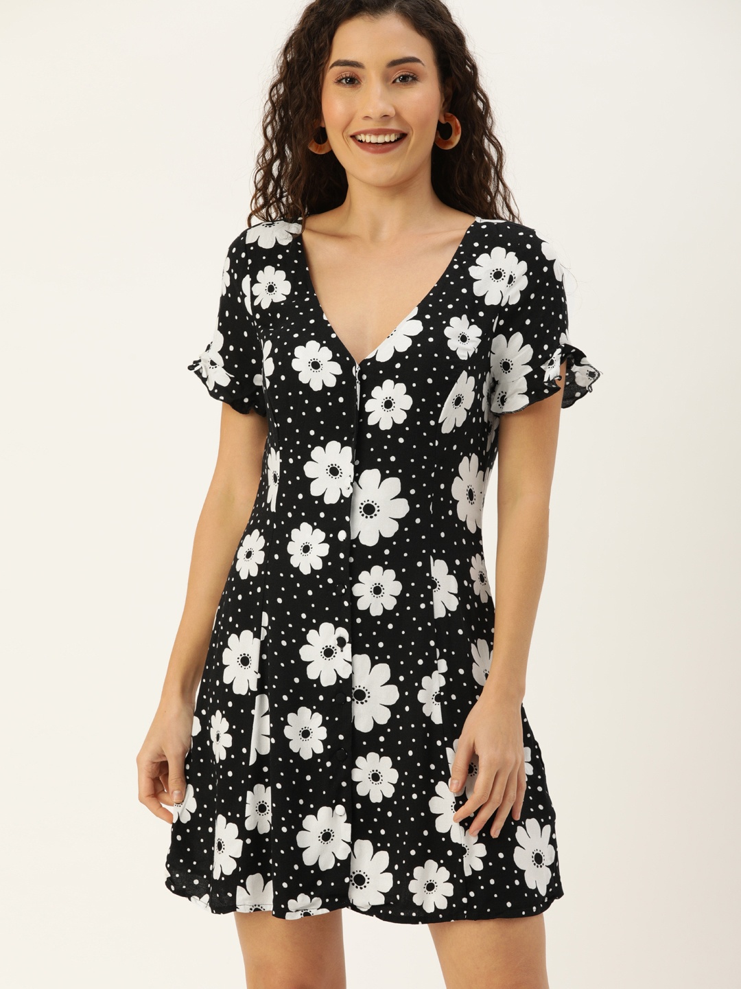 

FOREVER 21 Women Black & White Floral Printed A-Line Dress