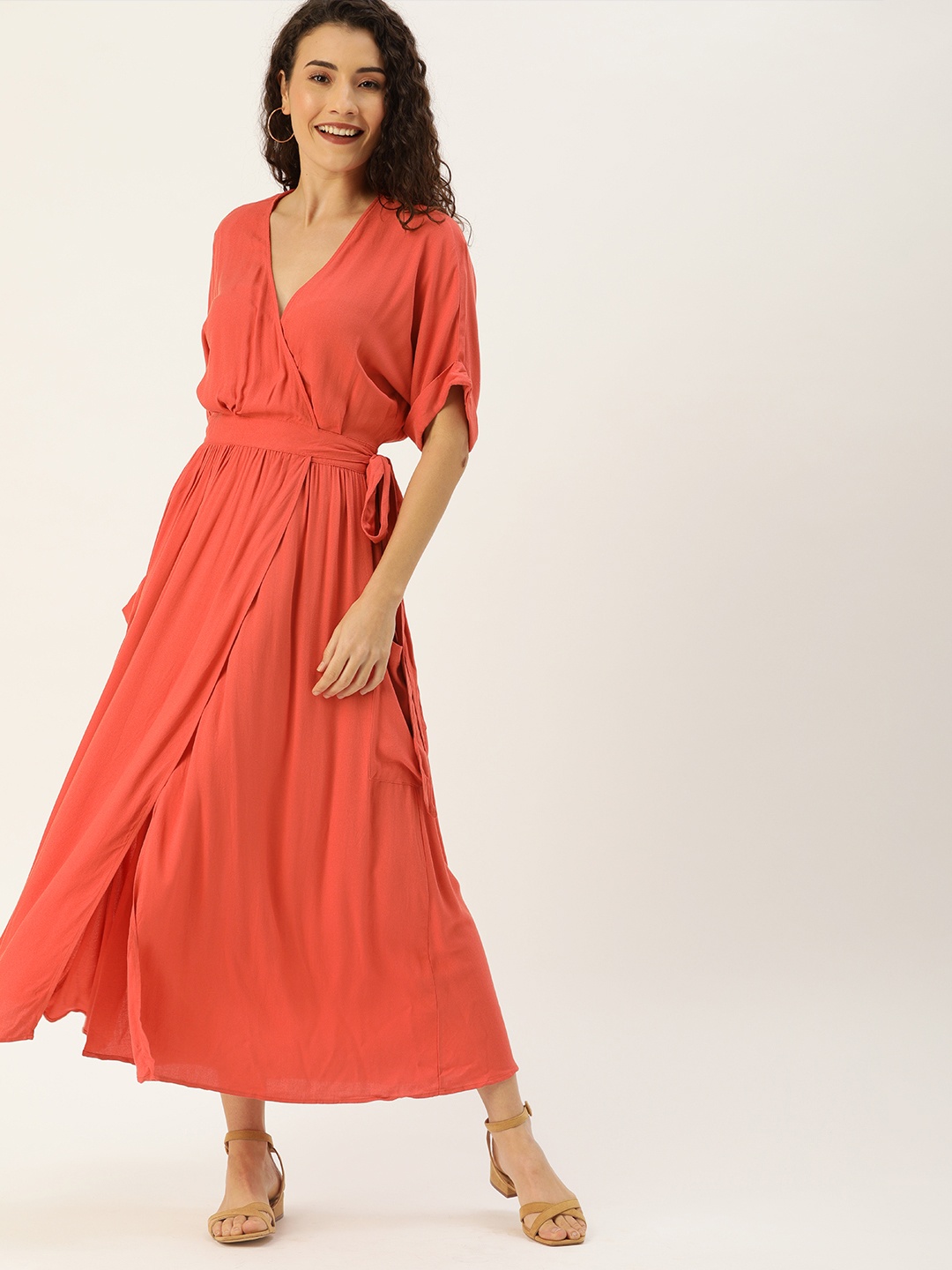 

FOREVER 21 Women Coral Red Solid Wrap Dress With Waist Tie-Up