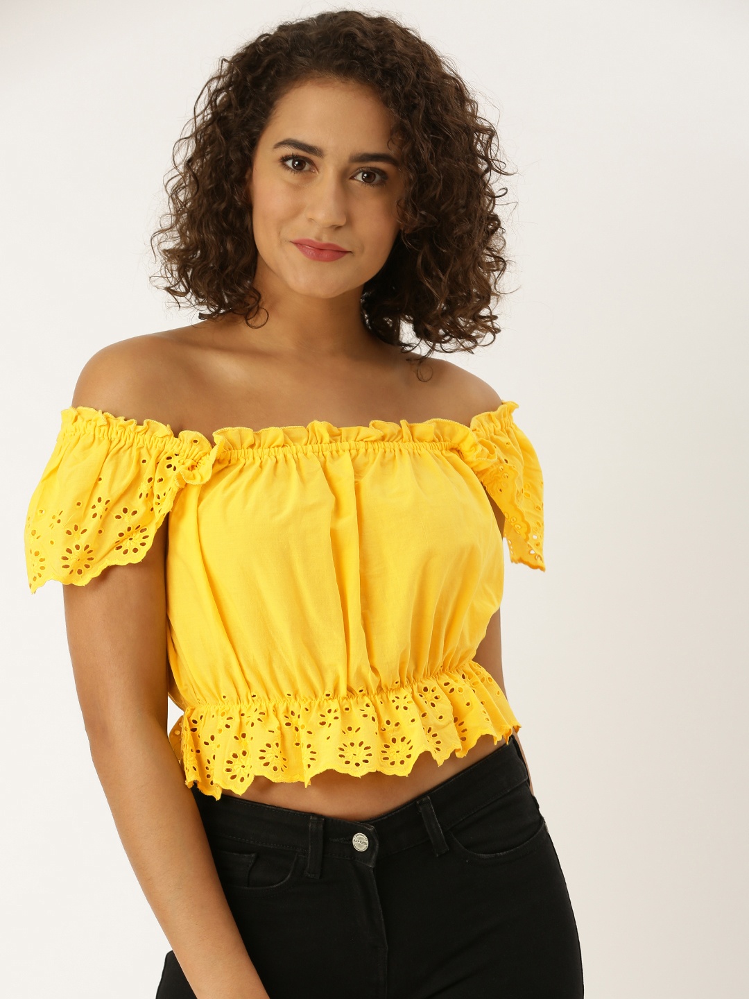 

Antheaa Women Yellow Solid Schiffli Bardot Crop Pure Cotton Top With Cap Sleeves