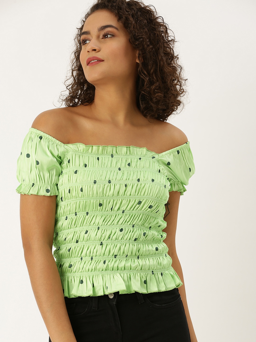 

Antheaa Women Green Polka Printed Bardot Top WIth Smocking