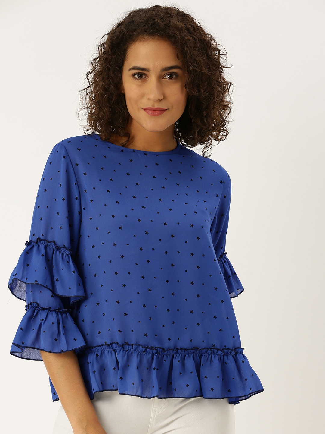 

Antheaa Women Blue & Black Printed Top With Ruffles & Tiered Bell Sleeves