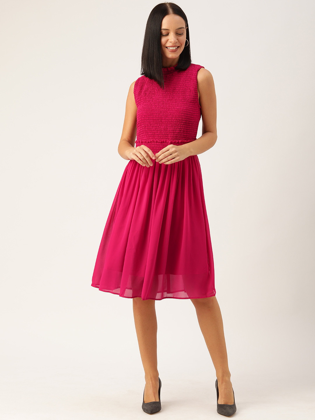 

Antheaa Women Fuchsia Pink Solid Smocked Fit and Flare Dress