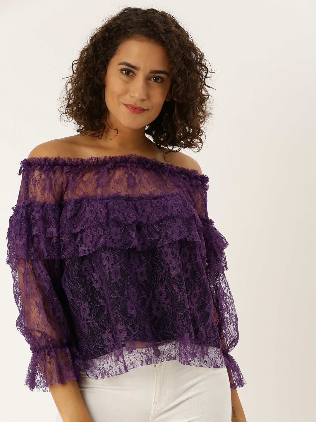 

Antheaa Women Purple Solid Bardot Top With Tiered Lace Inserts