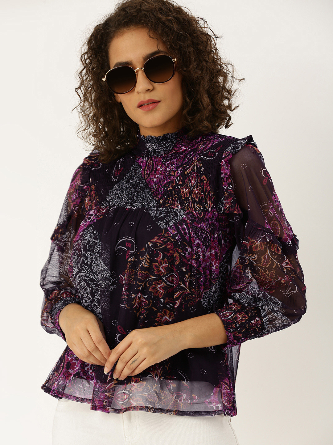 

Antheaa Women Purple & Black Smocked Printed Top