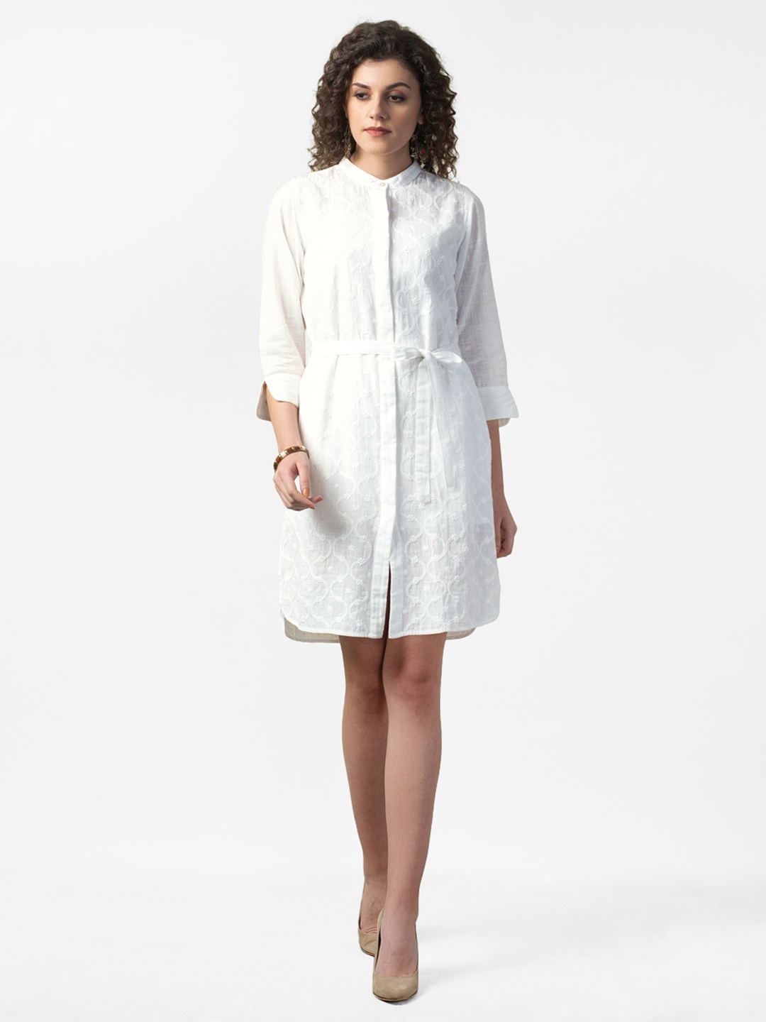 

Fabindia Women White Chikankari Embroidered A-Line Dress
