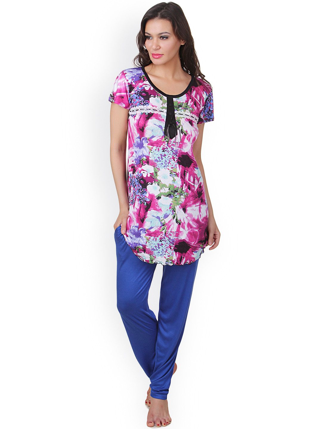 

Fasense Purple & Blue Printed Night Suit