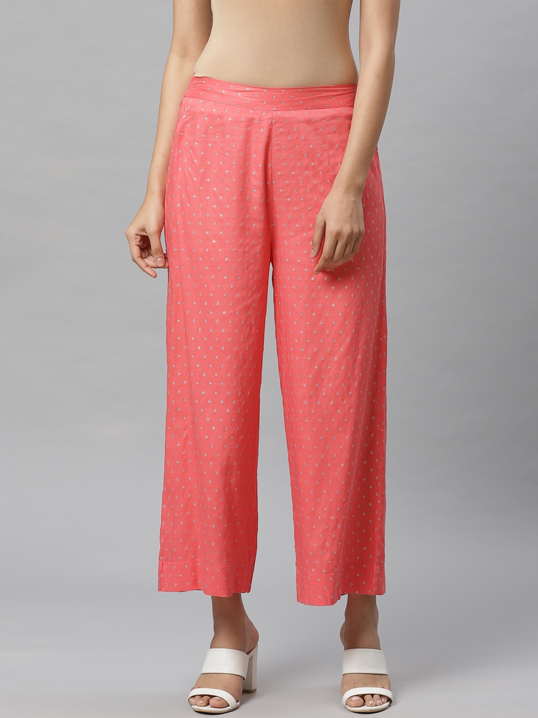 

AURELIA Women Pink & Silver Geometric Printed Straight Palazzos