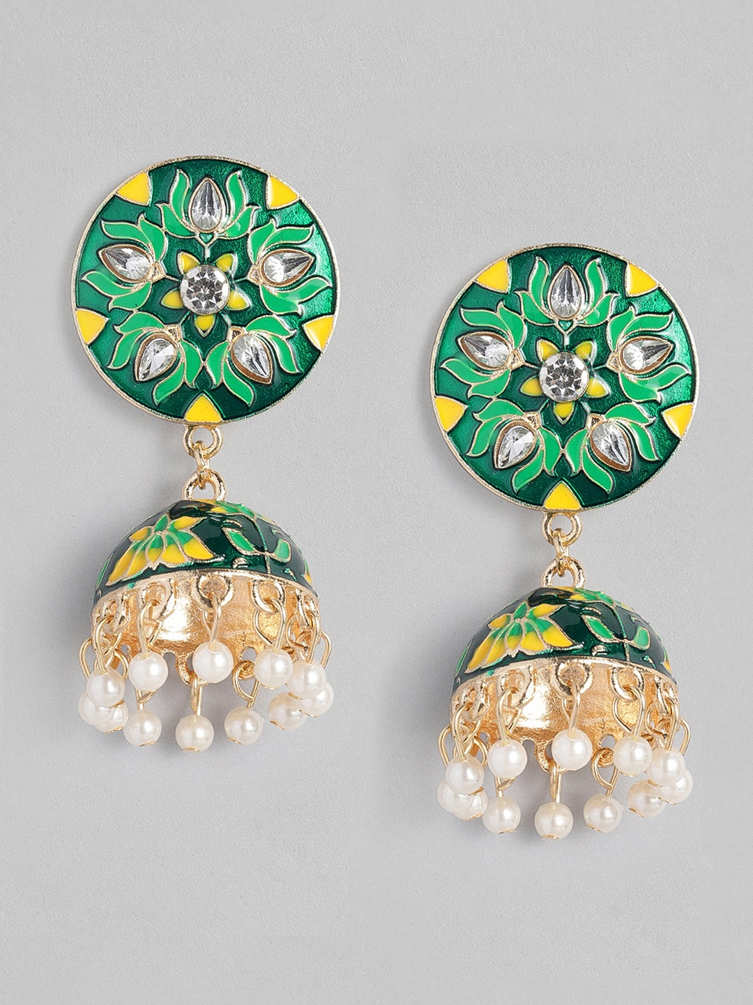 

Anouk Green & Yellow Dome Shaped Enamelled Jhumkas