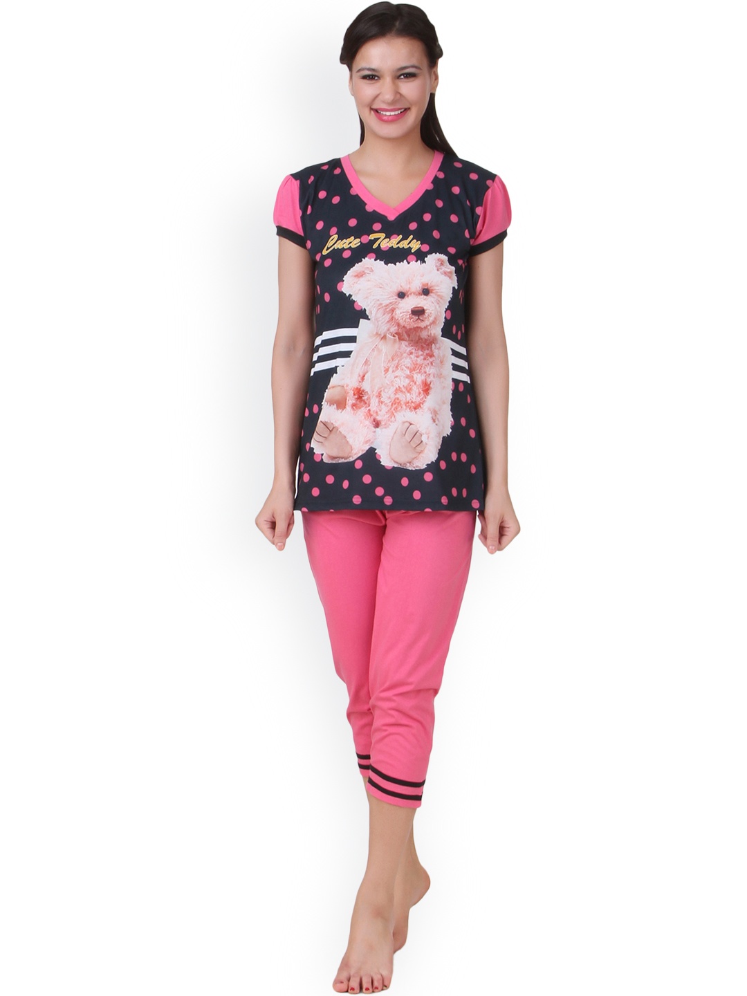 

Fasense Black & Pink Printed Night Suit