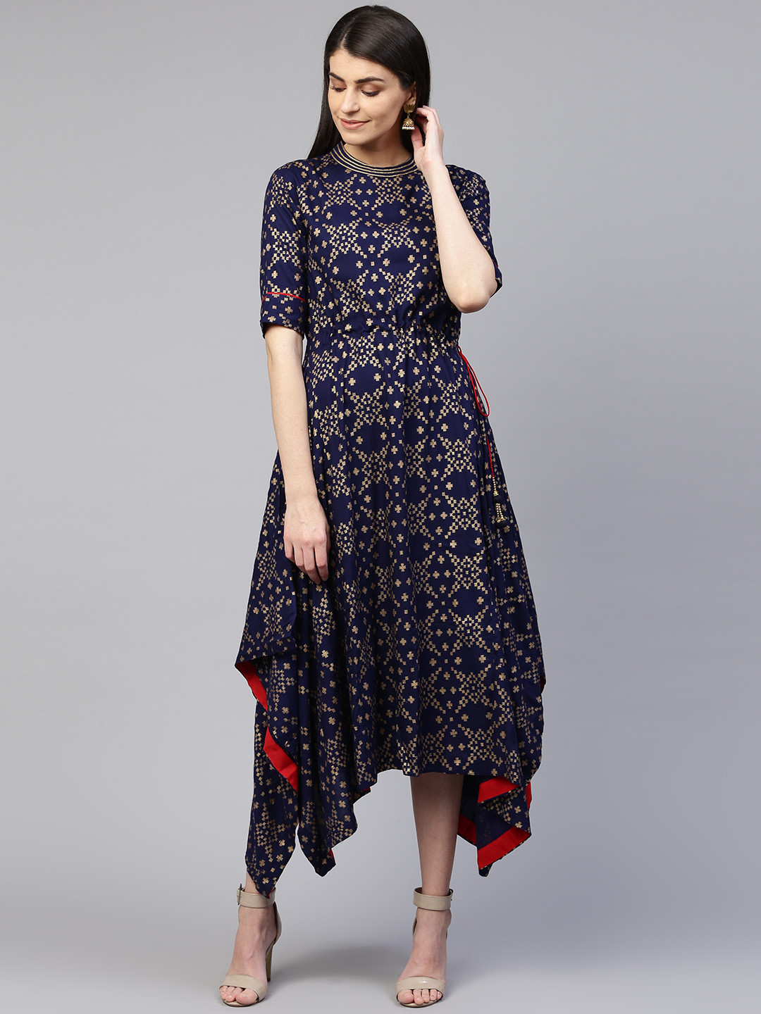 

PINKSKY Women Navy Blue & Golden Printed A-Line Dress