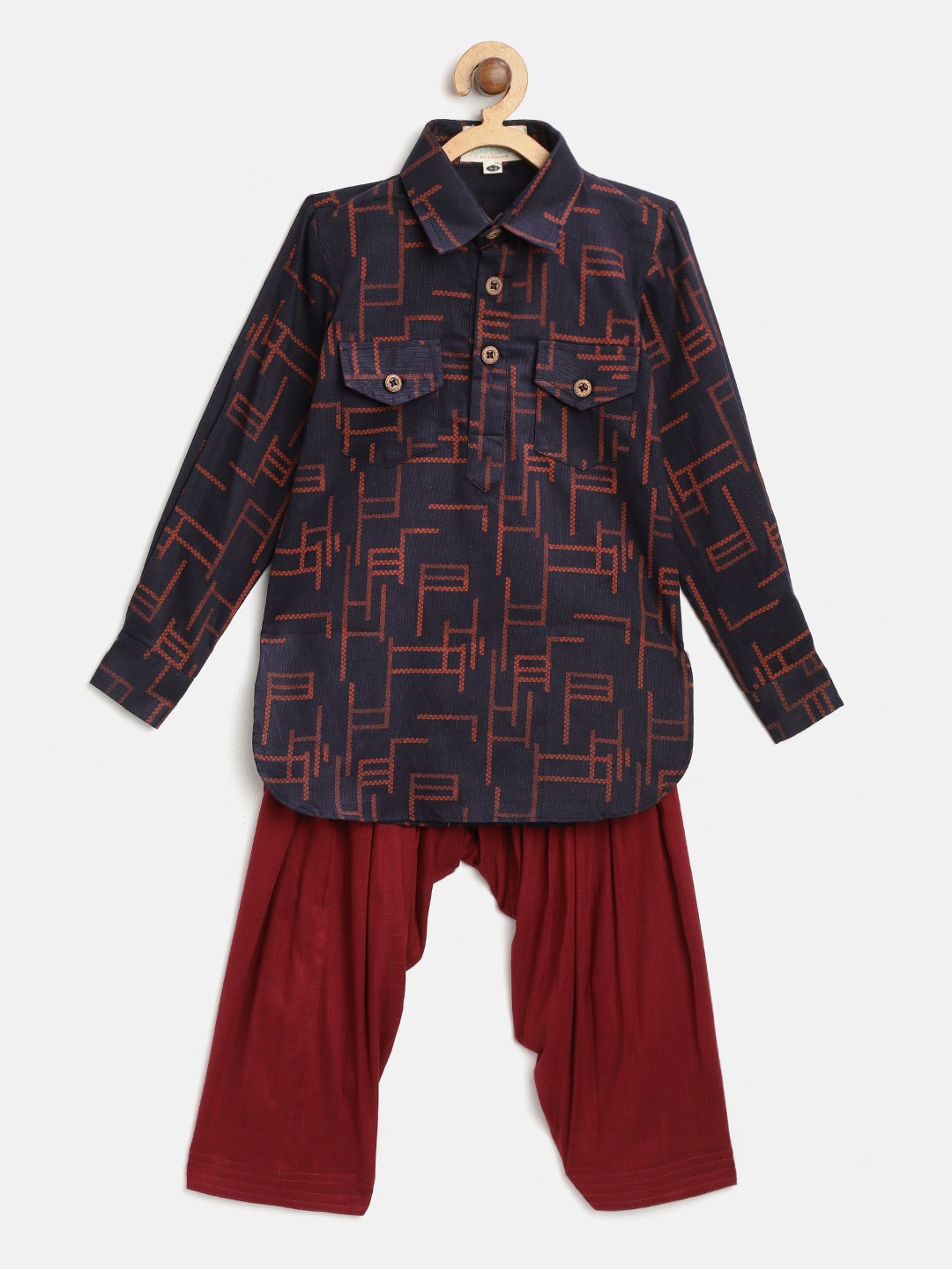 

Cute Couture Boys Navy Blue & Maroon Printed Pathani Kurta with Patiala