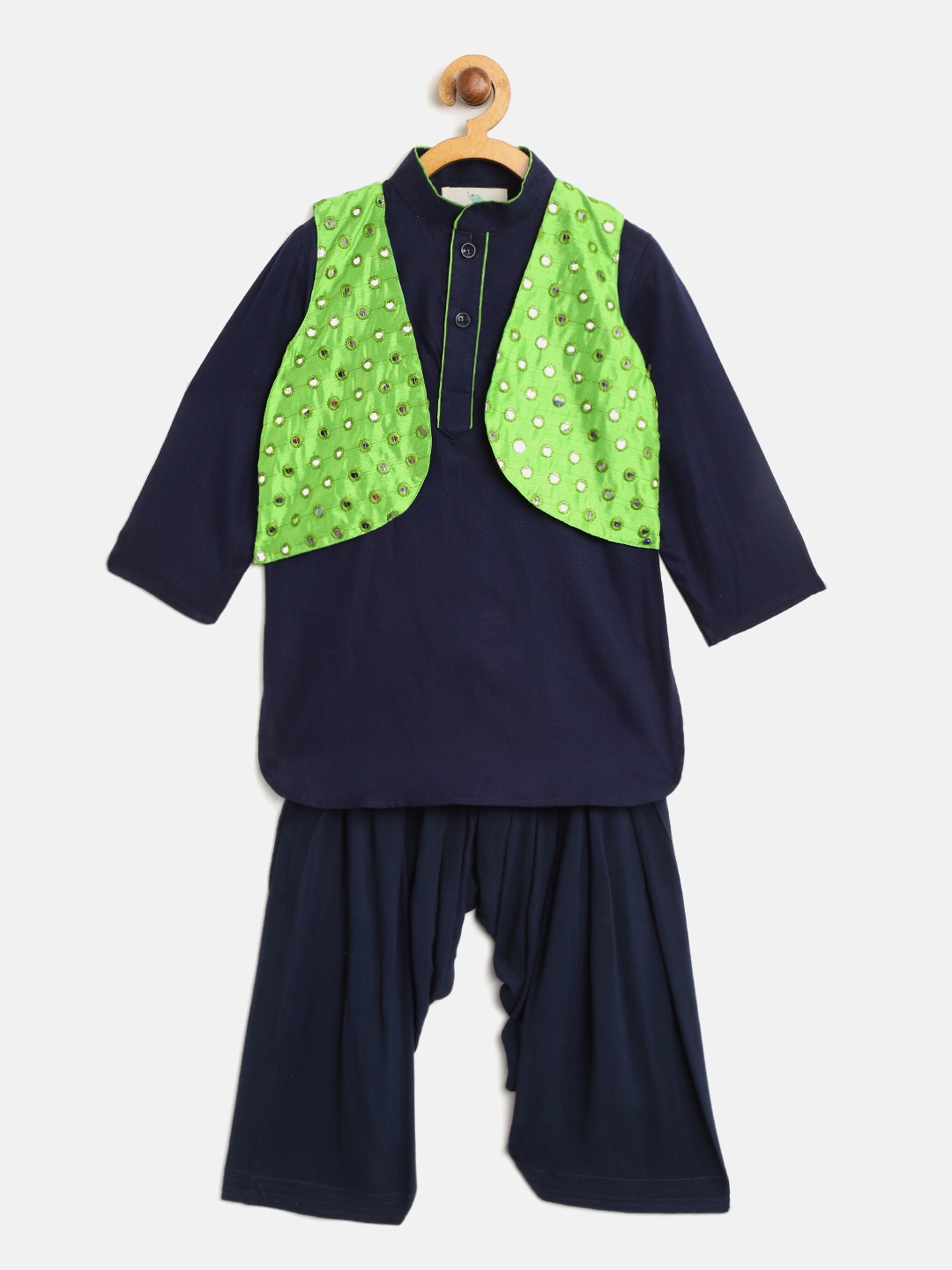 

Cute Couture Boys Navy Blue Solid Kurta Set With Ethnic Jacket