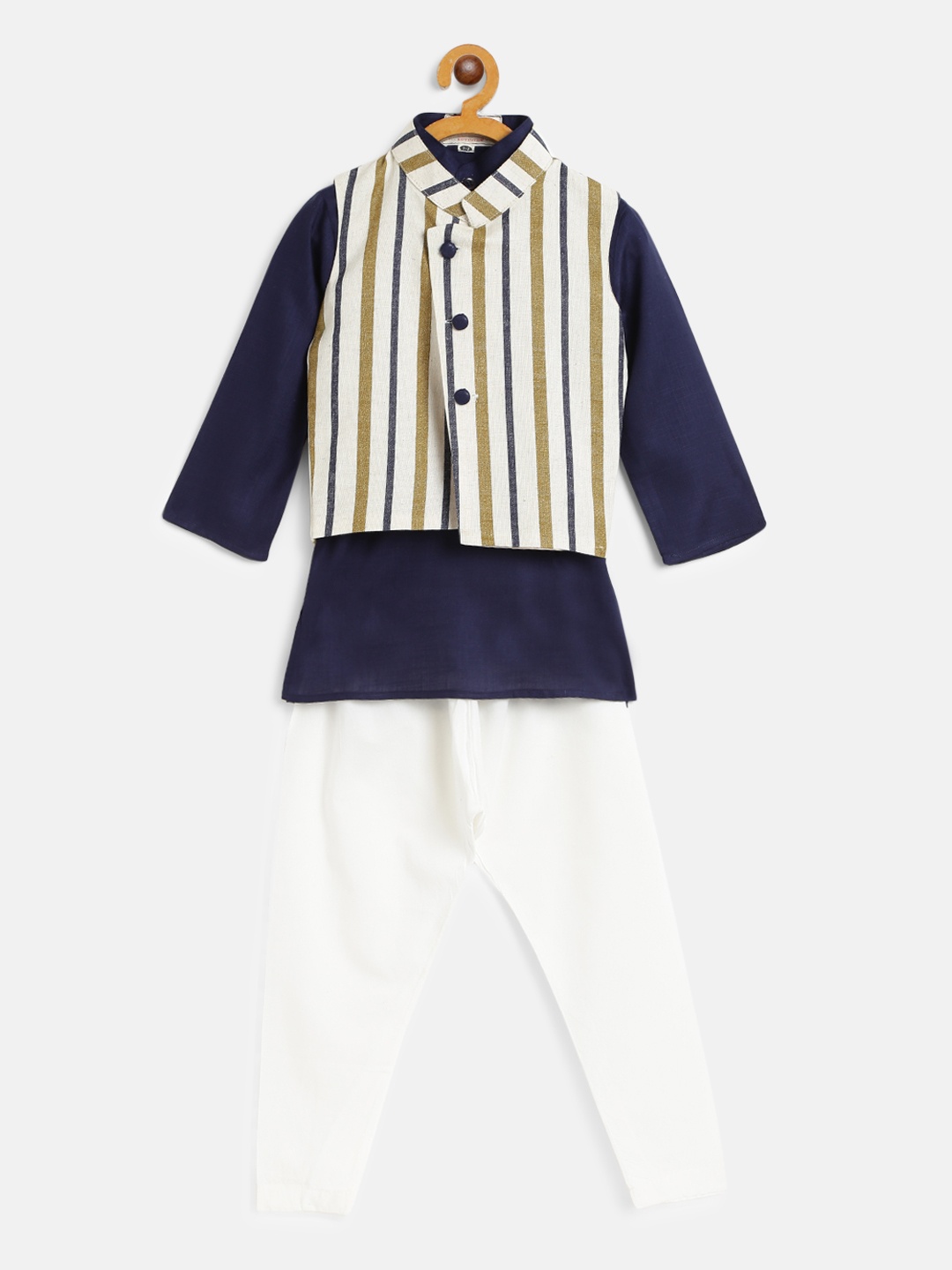 

Cute Couture Boys Navy Blue & White Solid Kurta with Churidar & Nehru Jacket