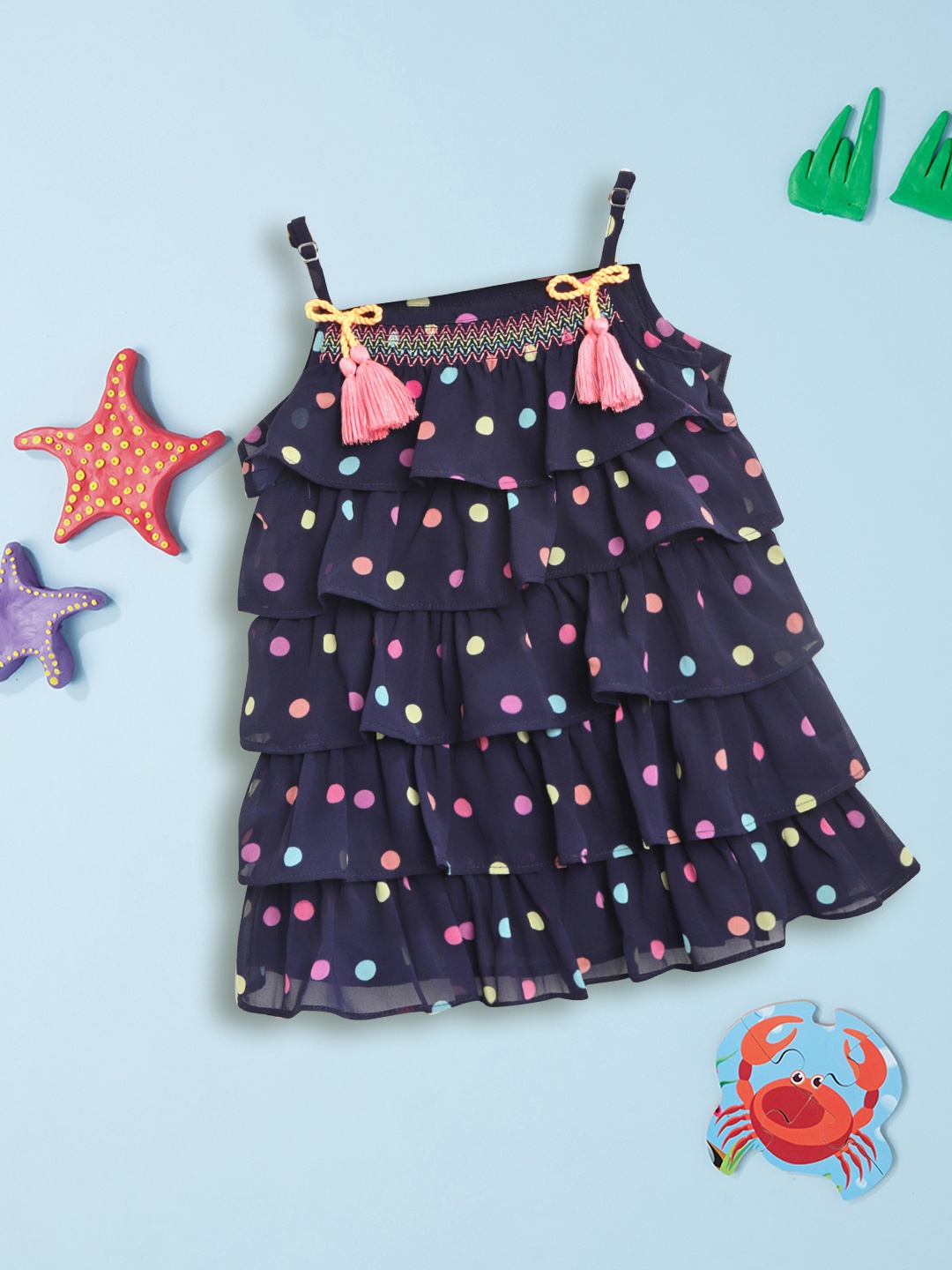 

Nauti Nati Girls Navy Blue Polka Dots Tiered A-Line Dress