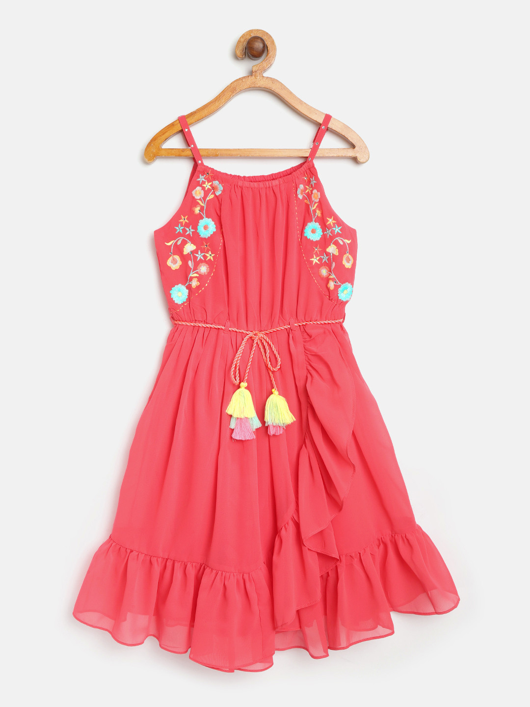 

Nauti Nati Girls Coral Pink Solid Ruffled Fit & Flare Dress