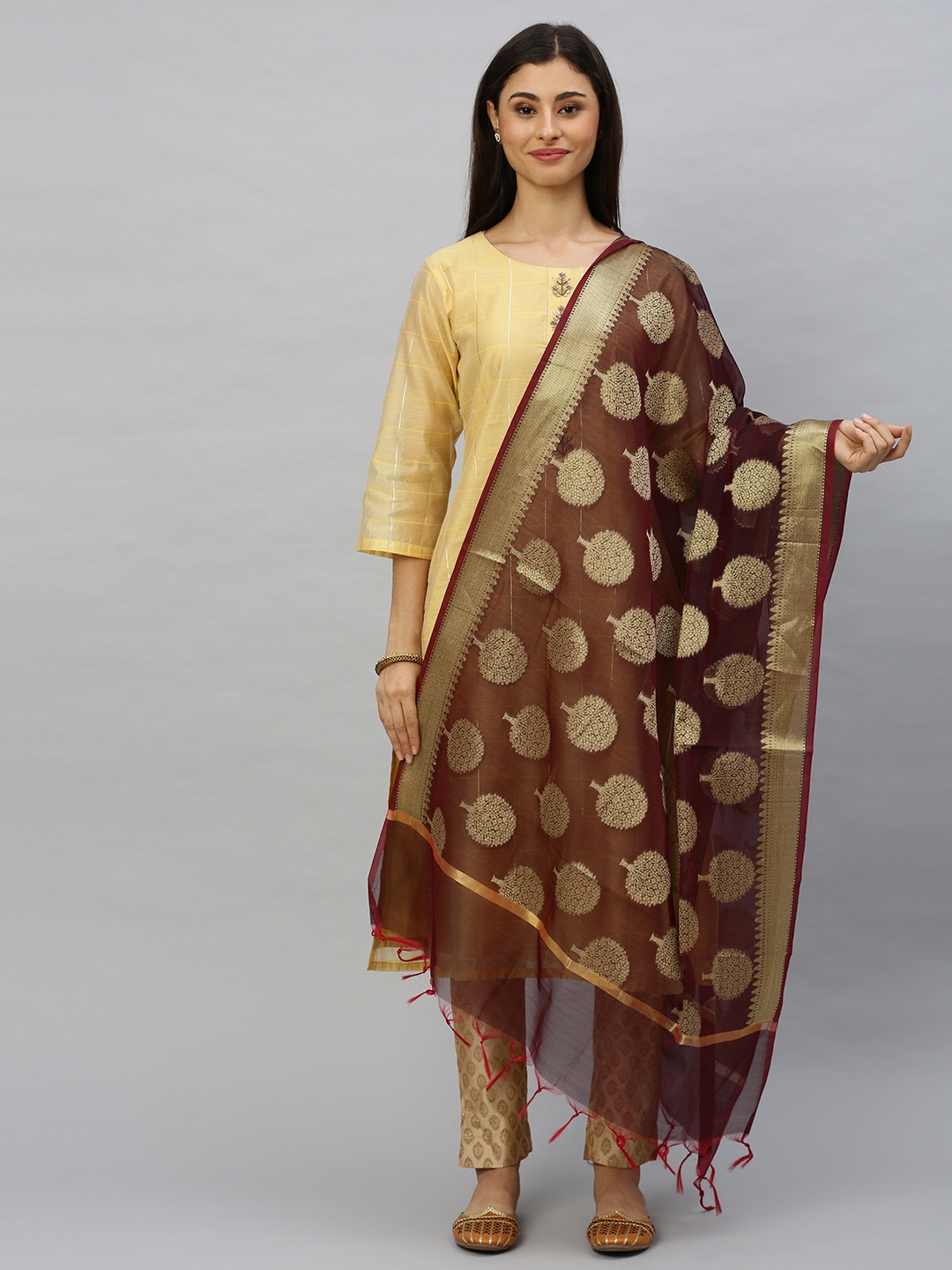 

Ishin Burgundy & Gold-Toned Woven Design Dupatta