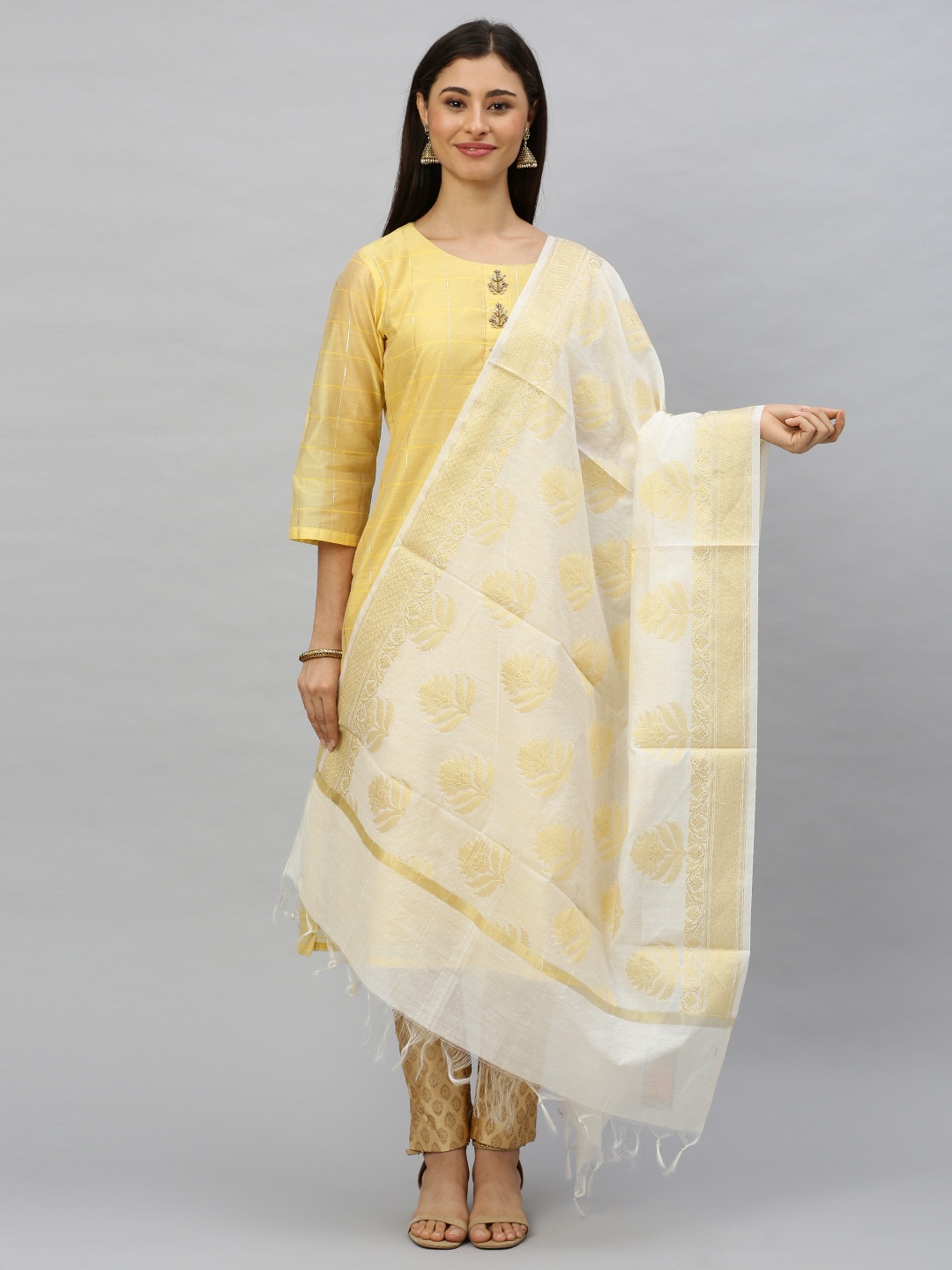 

Ishin White & Gold-Toned Woven Design Dupatta