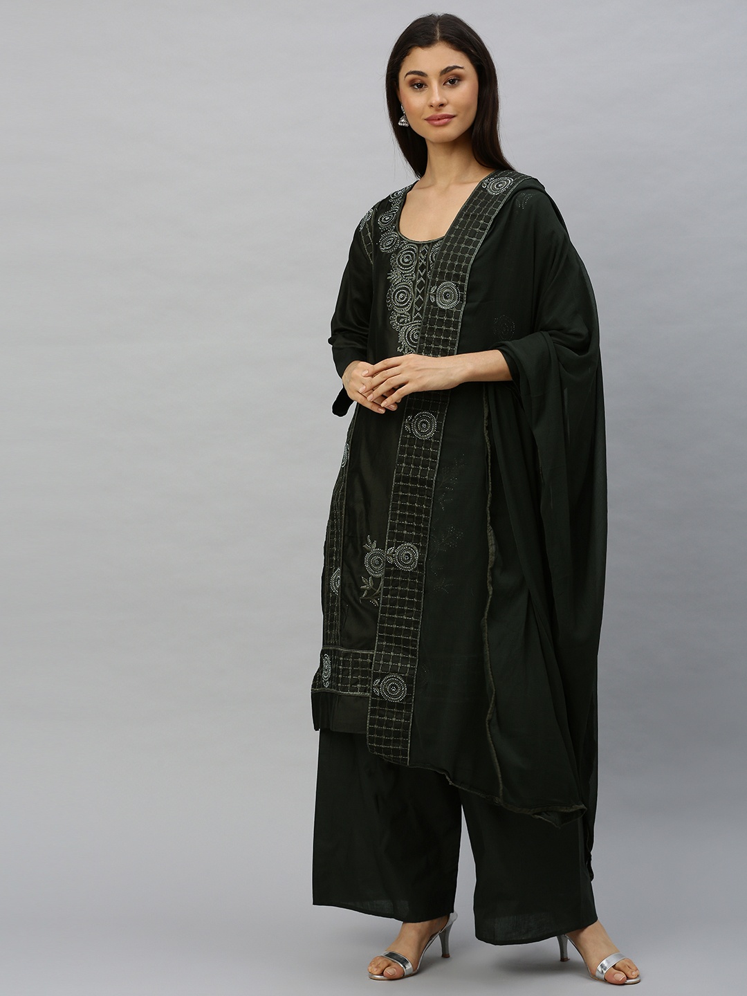 

Ishin Women Olive Green Embroidered Kurta with Palazzos & Dupatta