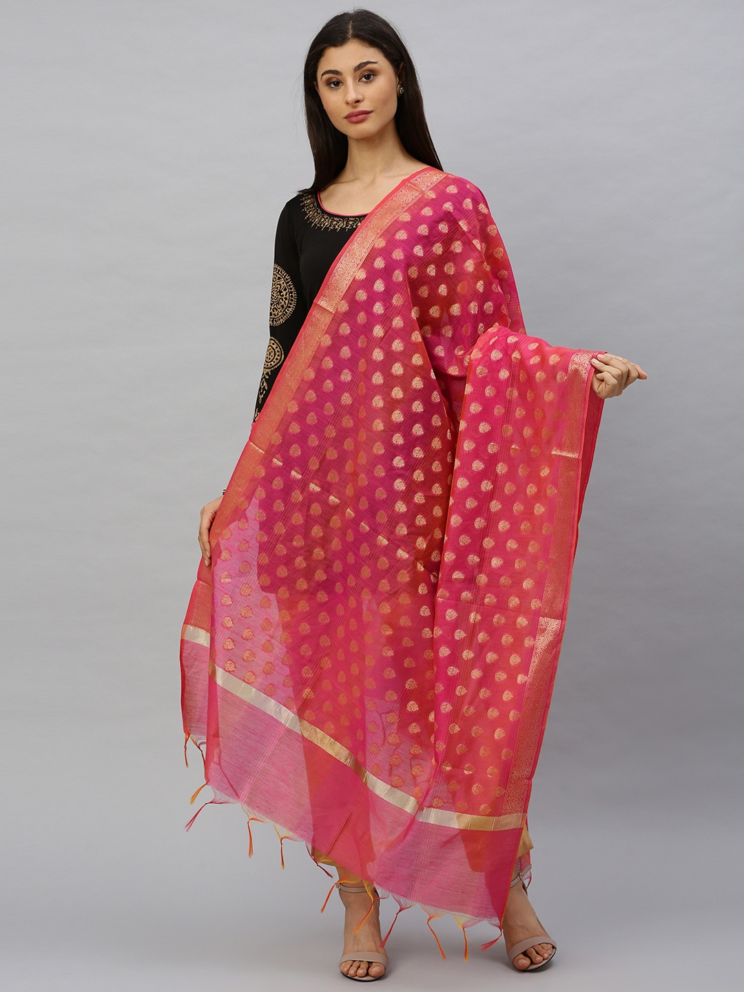 

Ishin Pink & Off-White Chanderi Woven Design Dupatta