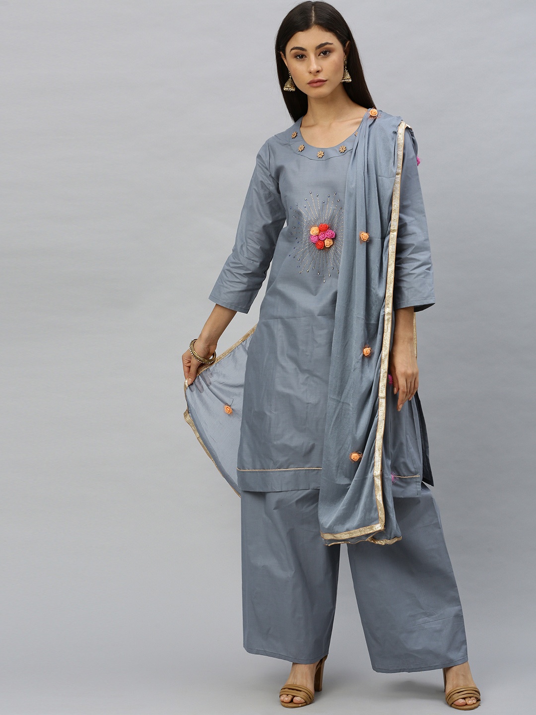 

Ishin Women Grey Embroidered Kurta with Palazzos & Dupatta